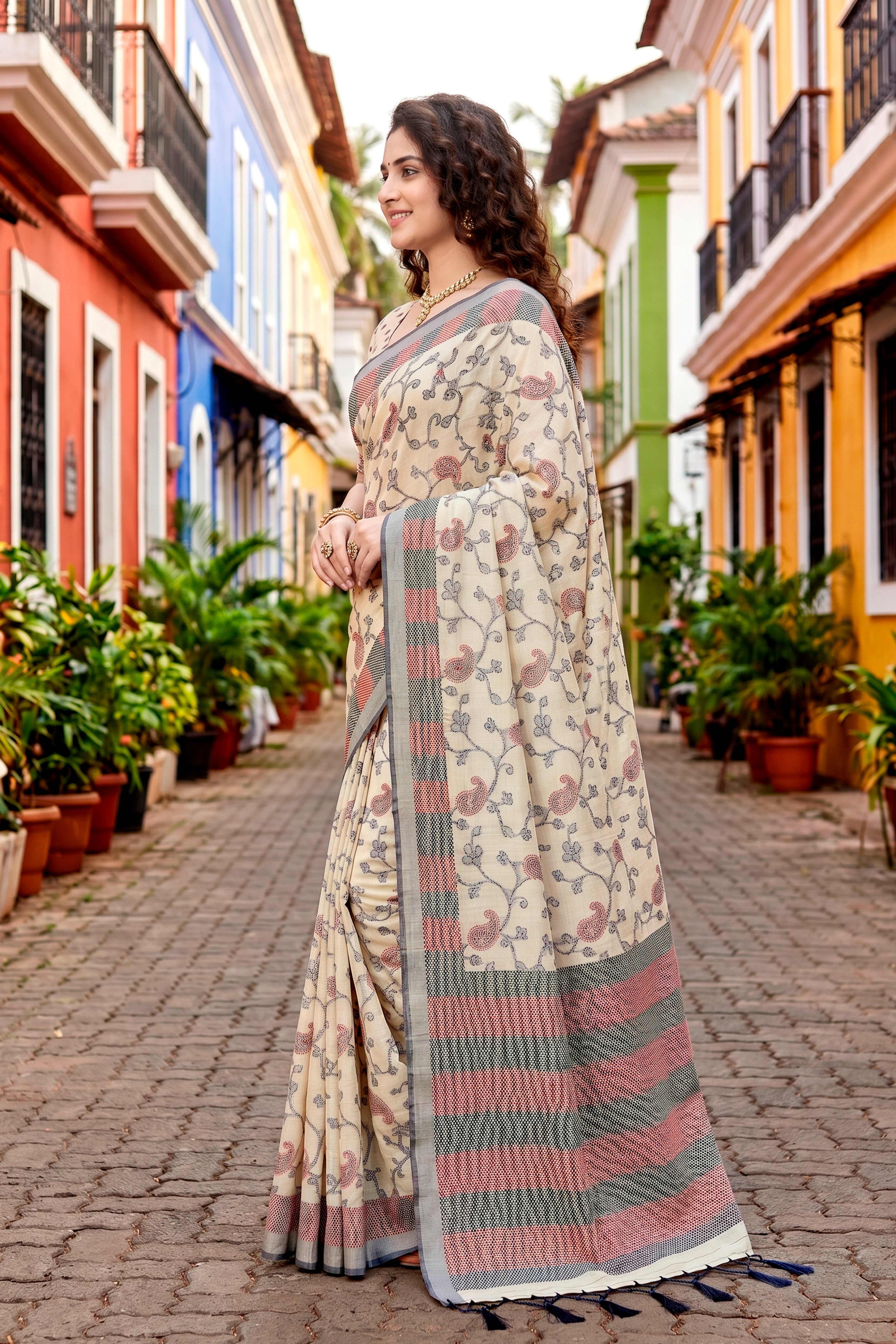 Sangam Prints Red Cotton Blend Woven Work Traditional Saree - Dista