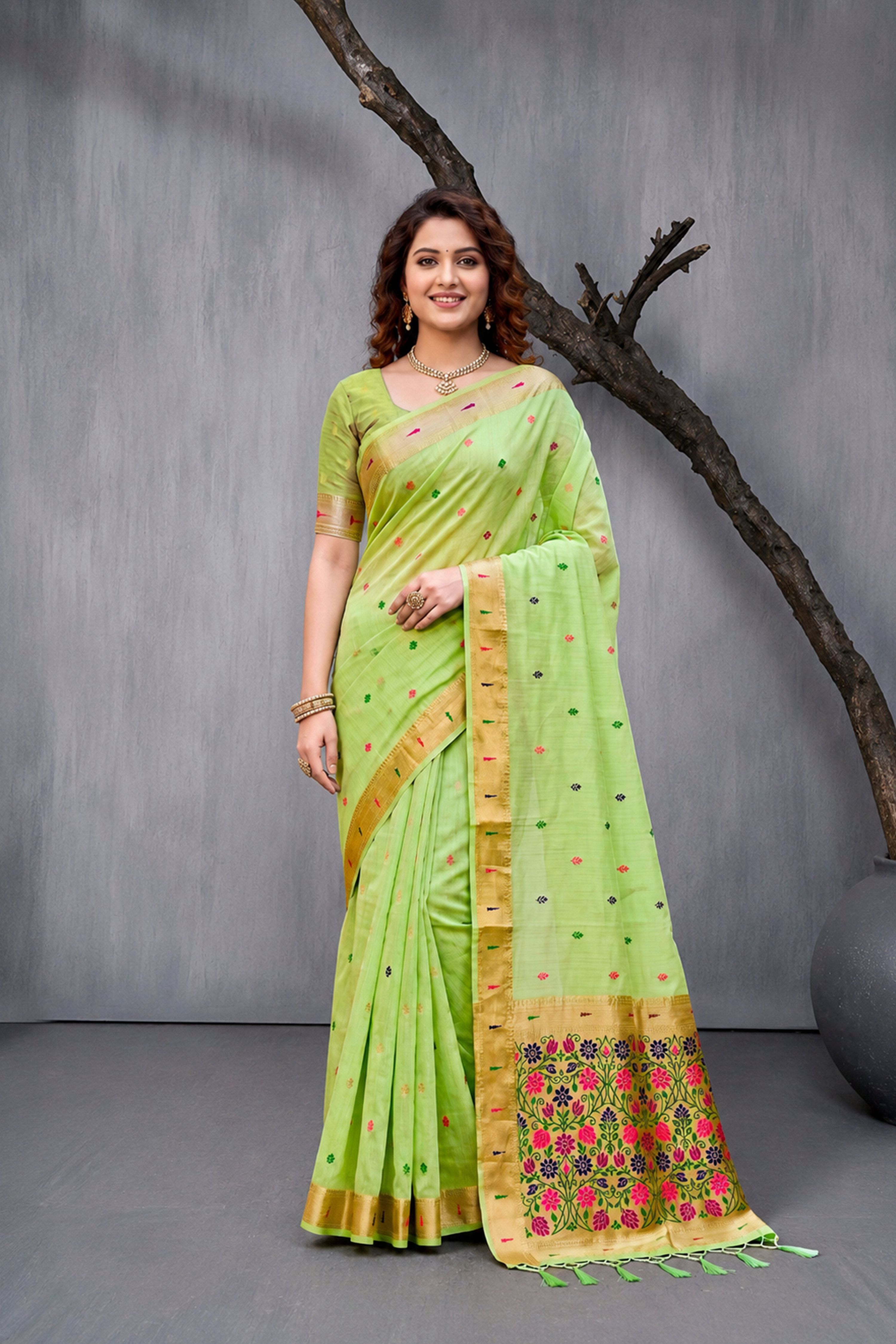 Sangam Prints Green Cotton Blend Woven Work Traditional Saree - Dista