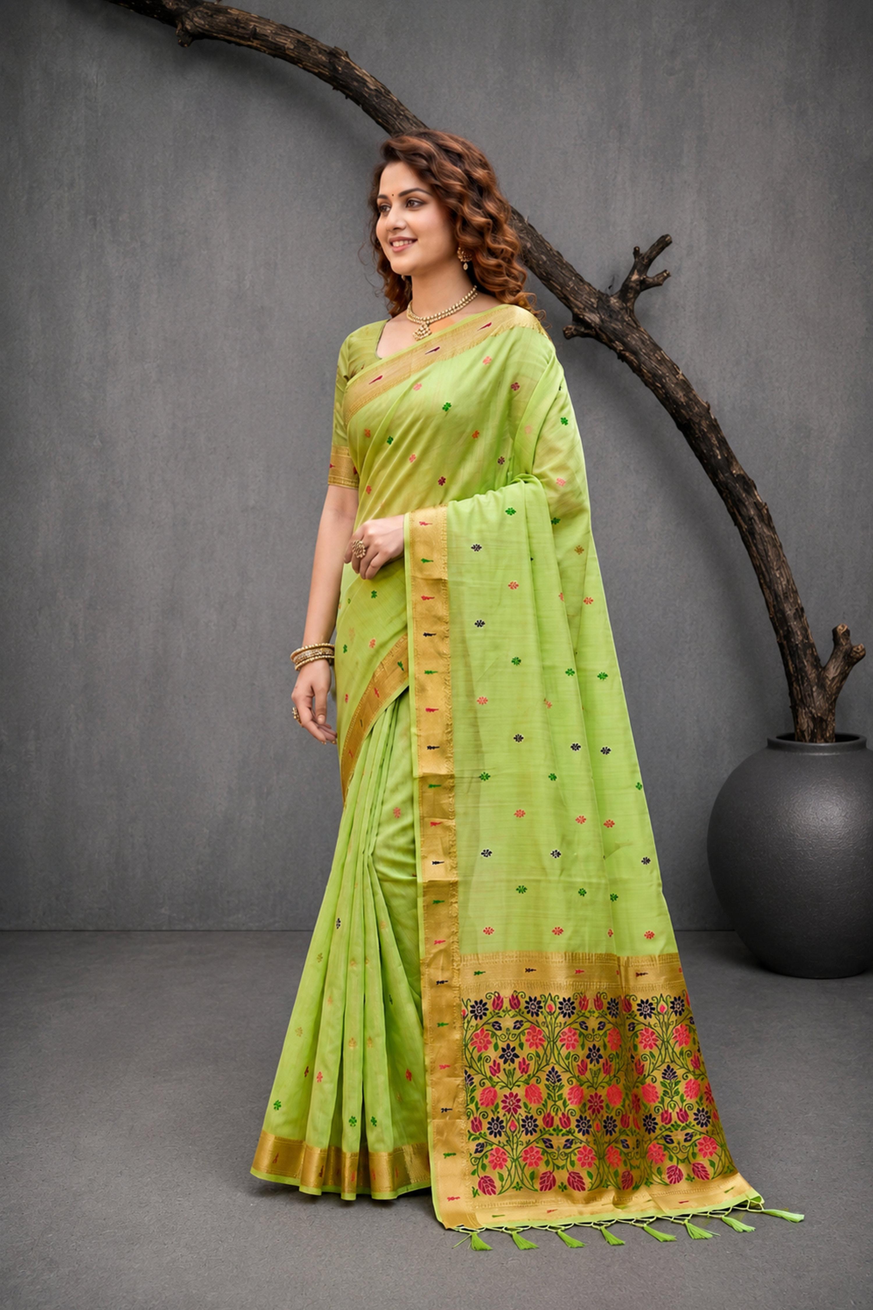 Sangam Prints Green Cotton Blend Woven Work Traditional Saree - Dista