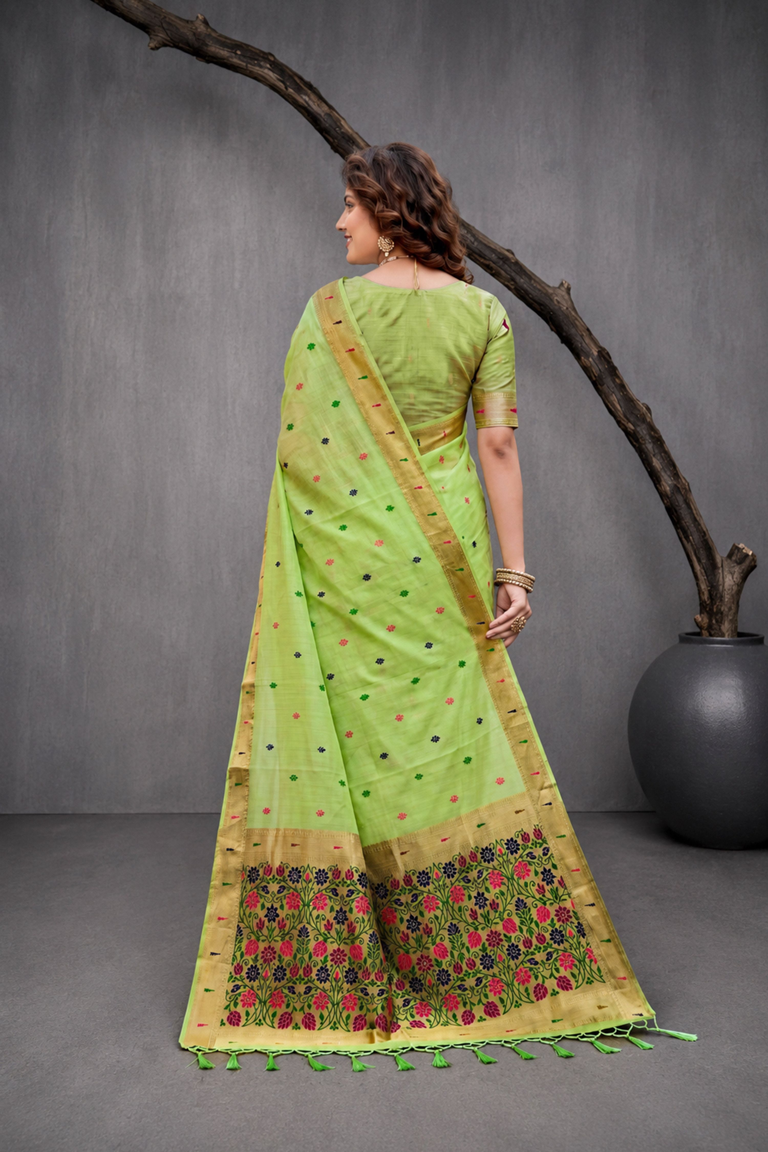 Sangam Prints Green Cotton Blend Woven Work Traditional Saree - Dista
