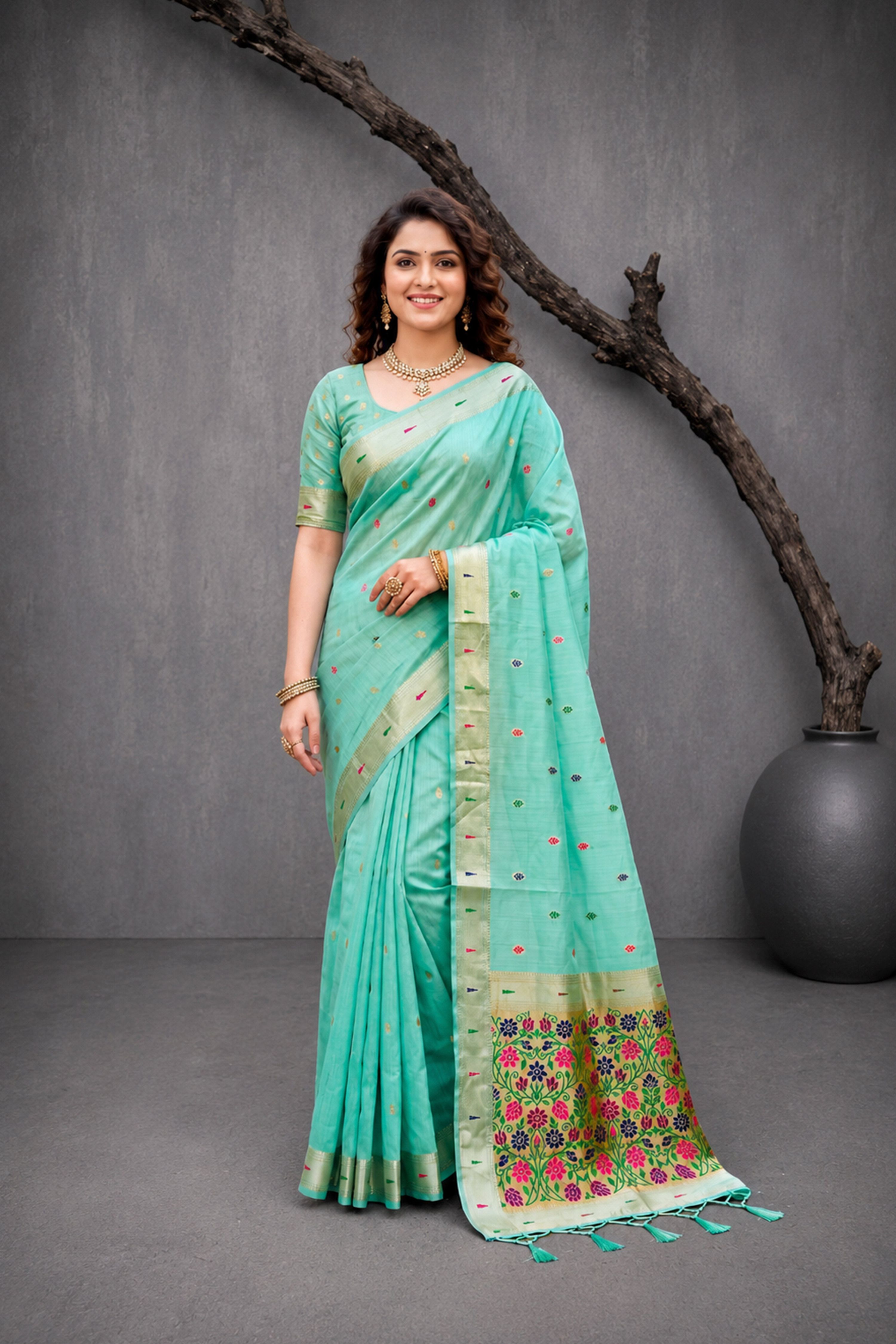 Sangam Prints Mint Green Cotton Blend Woven Work Traditional Saree - Dista