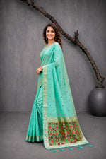 Thumbnail for Sangam Prints Mint Green Cotton Blend Woven Work Traditional Saree - Dista