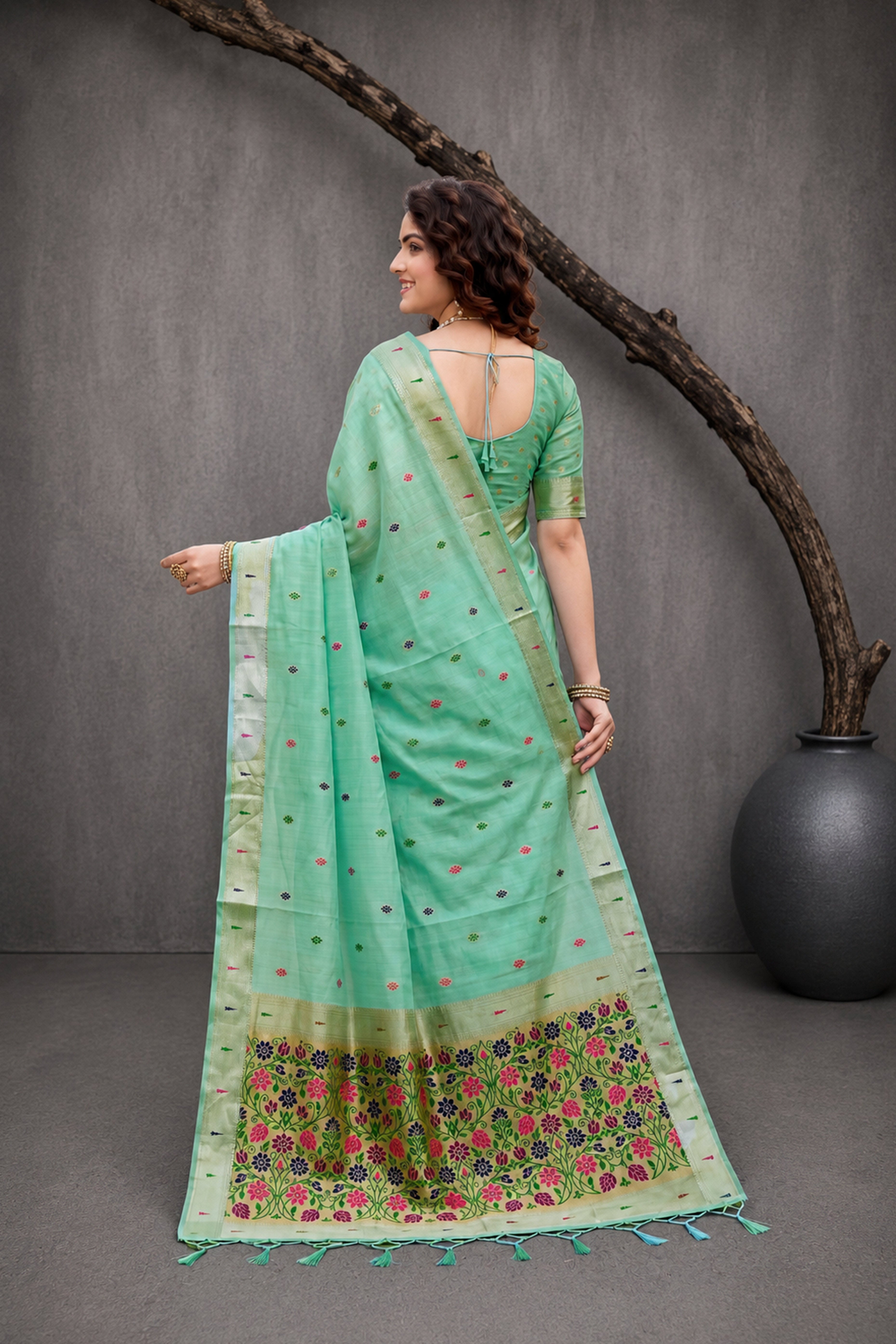 Sangam Prints Mint Green Cotton Blend Woven Work Traditional Saree - Dista