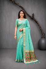 Thumbnail for Sangam Prints Mint Green Cotton Blend Woven Work Traditional Saree - Dista