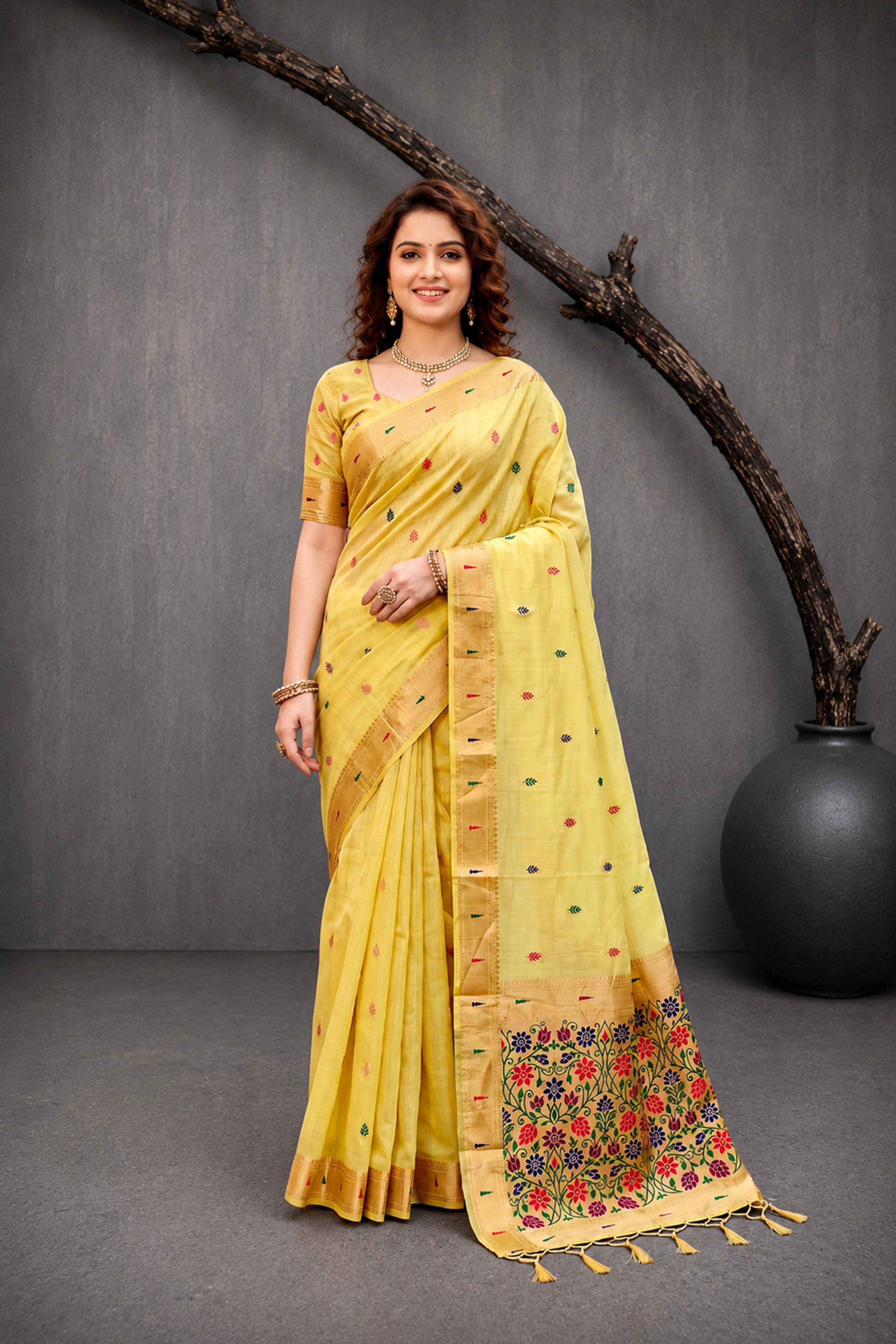 Sangam Prints Yellow Cotton Blend Woven Work Traditional Saree - Dista