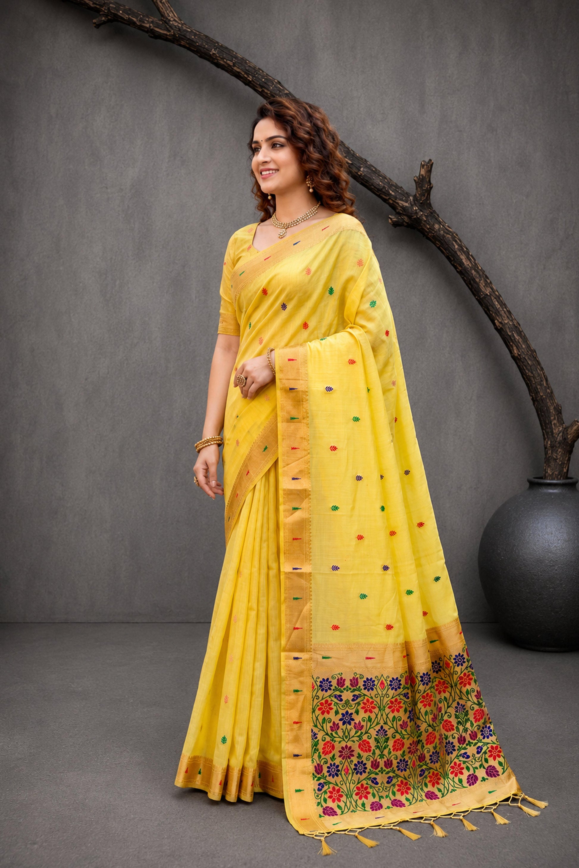 Sangam Prints Yellow Cotton Blend Woven Work Traditional Saree - Dista