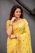 Thumbnail for Sangam Prints Yellow Cotton Blend Woven Work Traditional Saree - Dista