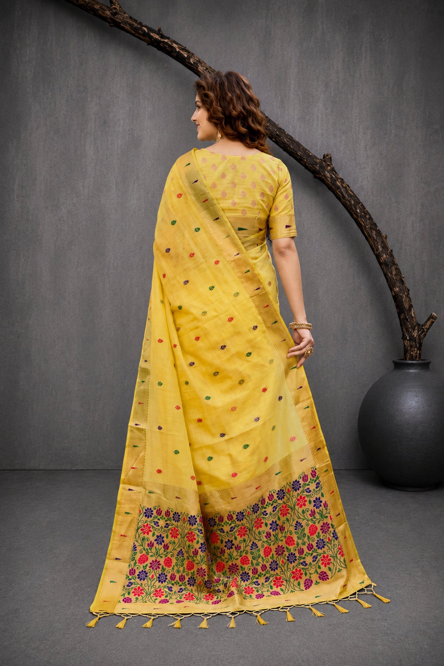 Sangam Prints Yellow Cotton Blend Woven Work Traditional Saree - Dista