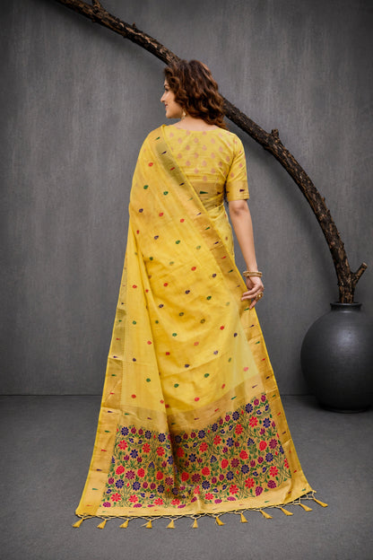 Sangam Prints Yellow Cotton Blend Woven Work Traditional Saree - Dista