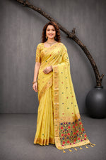 Thumbnail for Sangam Prints Yellow Cotton Blend Woven Work Traditional Saree - Dista