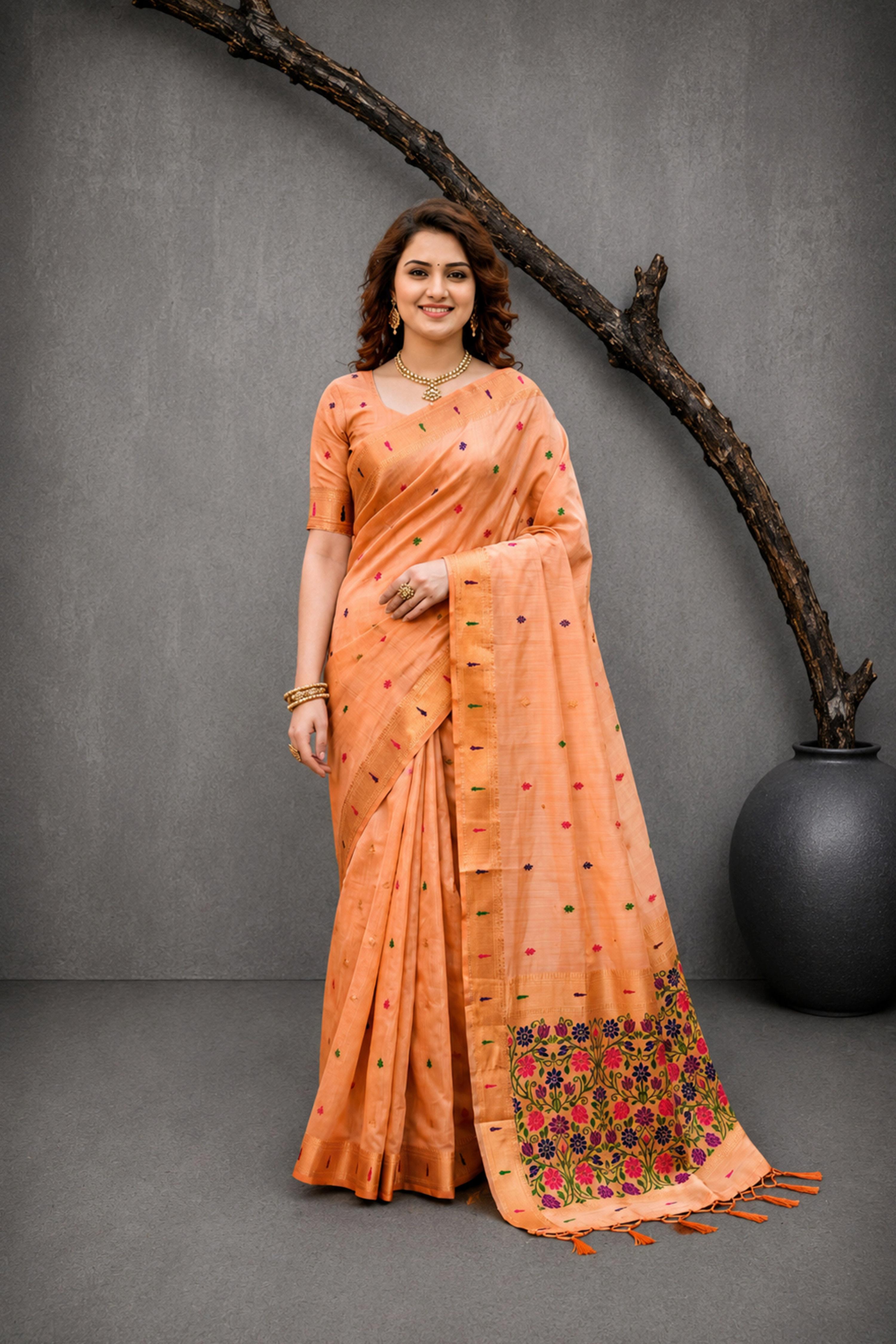 Sangam Prints Peach Cotton Blend Woven Work Traditional Saree - Dista