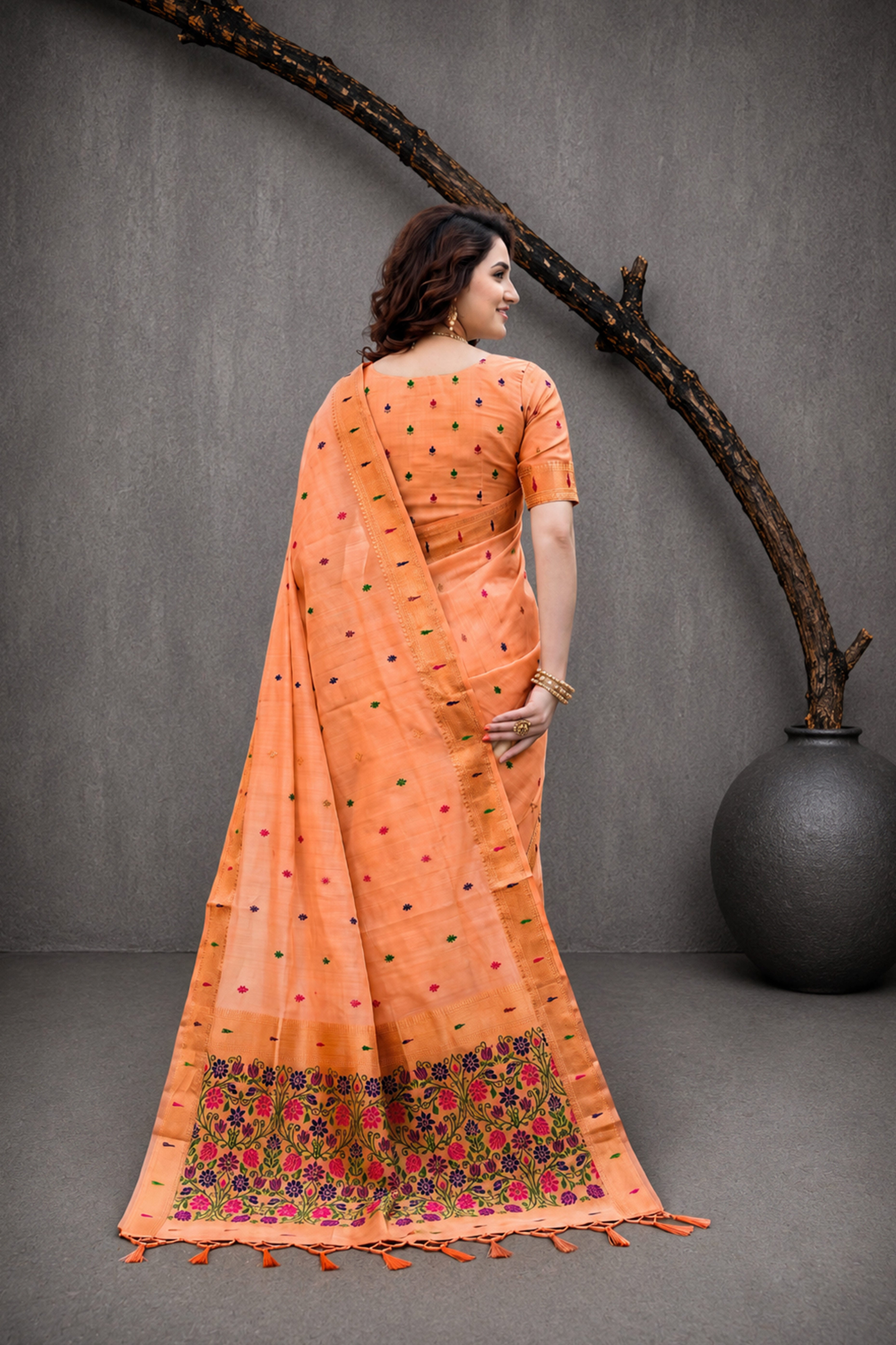Sangam Prints Peach Cotton Blend Woven Work Traditional Saree - Dista
