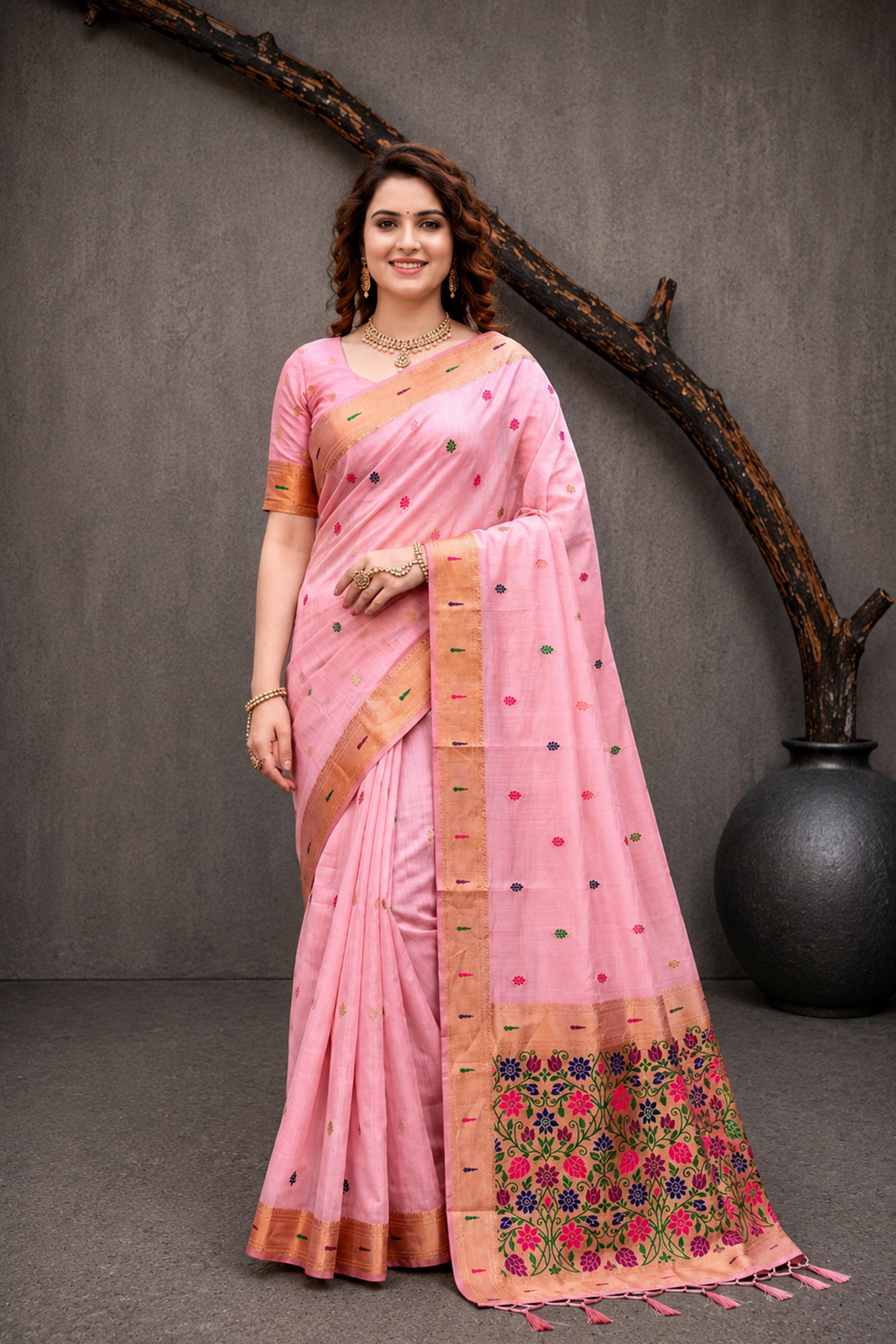 Sangam Prints Pink Cotton Blend Woven Work Traditional Saree - Dista
