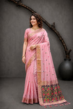 Thumbnail for Sangam Prints Pink Cotton Blend Woven Work Traditional Saree - Dista