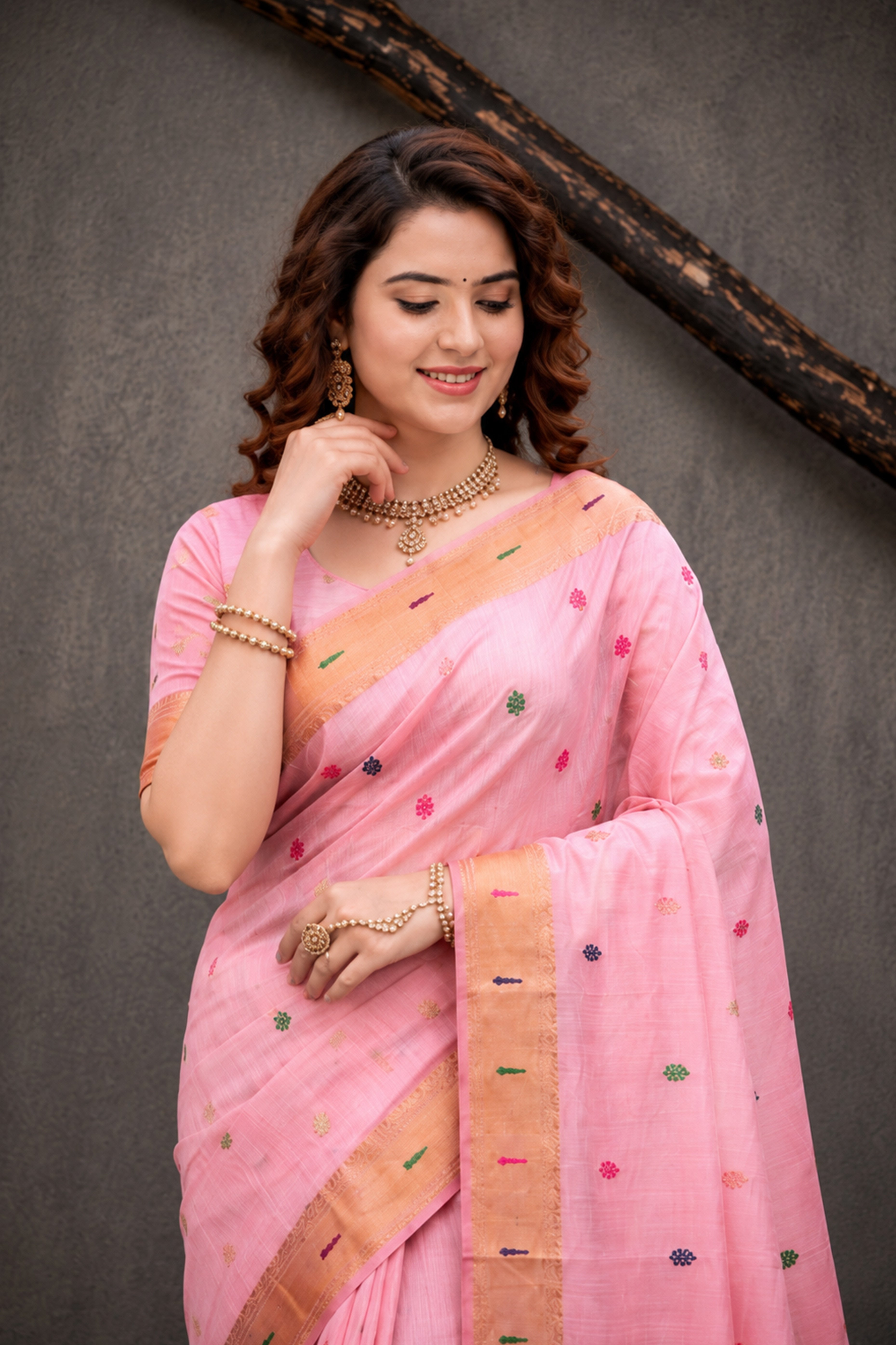 Sangam Prints Pink Cotton Blend Woven Work Traditional Saree - Dista