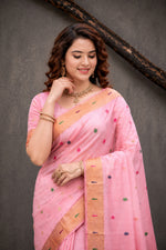 Thumbnail for Sangam Prints Pink Cotton Blend Woven Work Traditional Saree - Dista