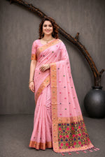 Thumbnail for Sangam Prints Pink Cotton Blend Woven Work Traditional Saree - Dista