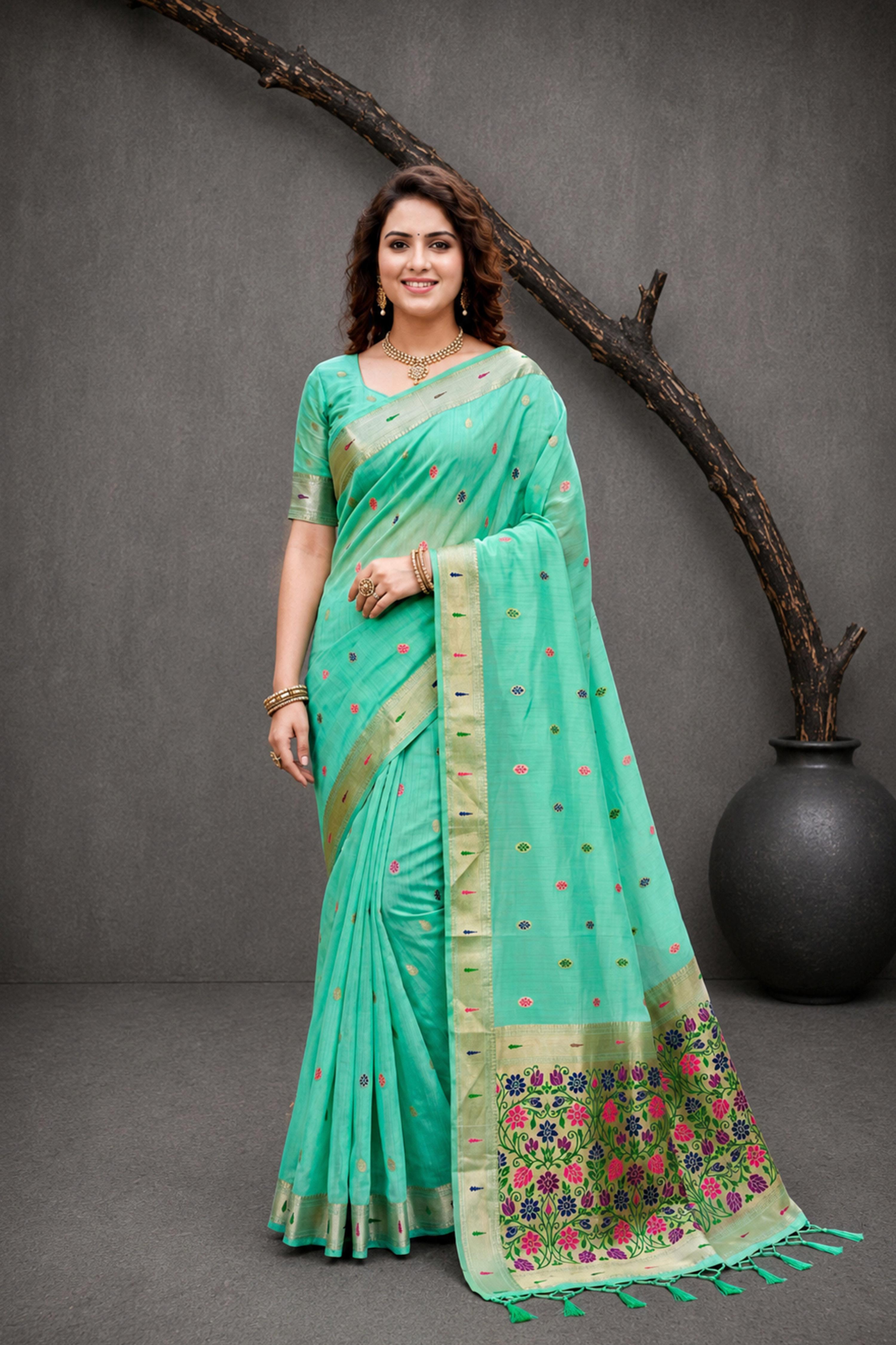 Sangam Prints Aqua Mint Green Cotton Blend Woven Work Traditional Saree - Dista