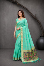 Thumbnail for Sangam Prints Aqua Mint Green Cotton Blend Woven Work Traditional Saree - Dista