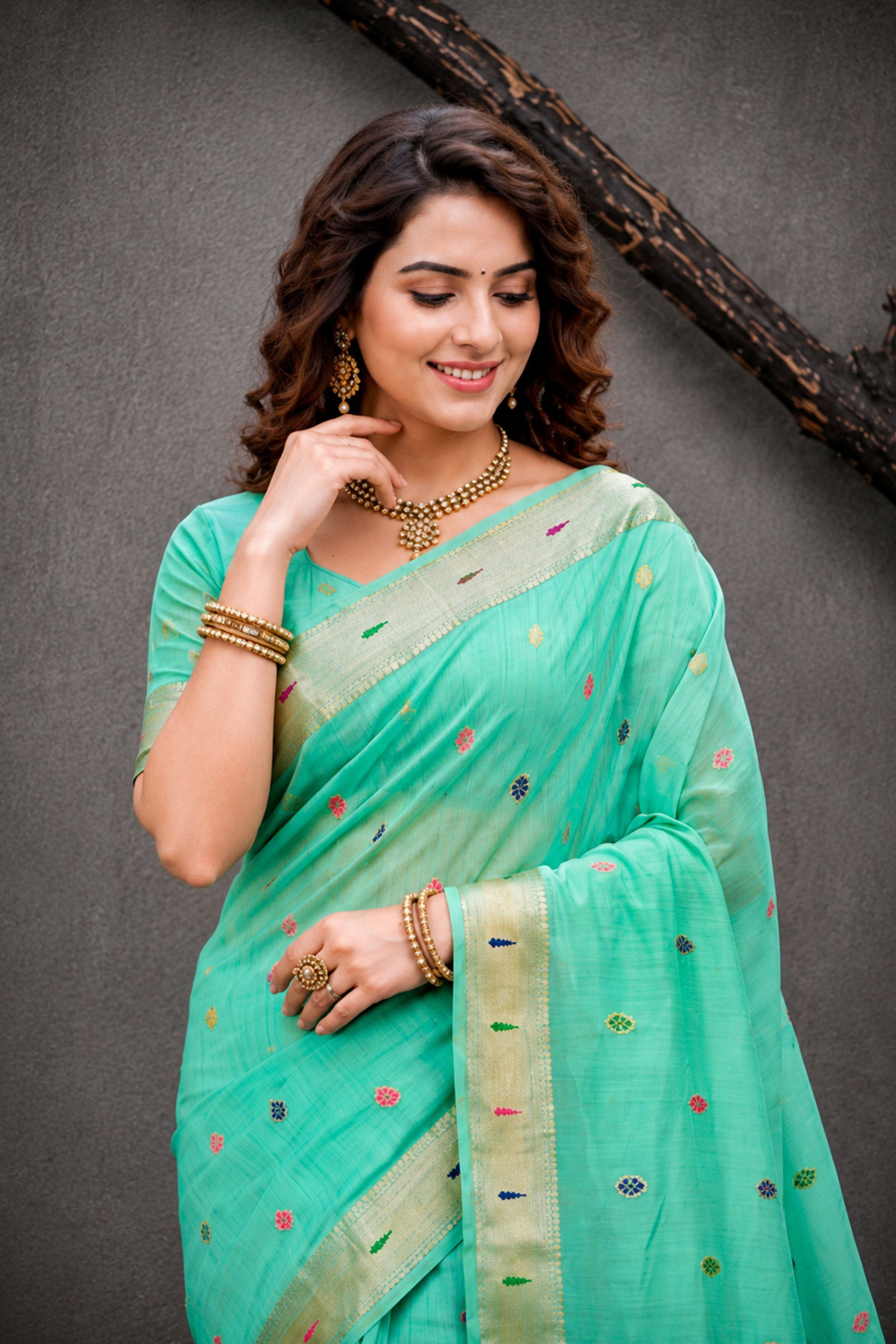 Sangam Prints Aqua Mint Green Cotton Blend Woven Work Traditional Saree - Dista