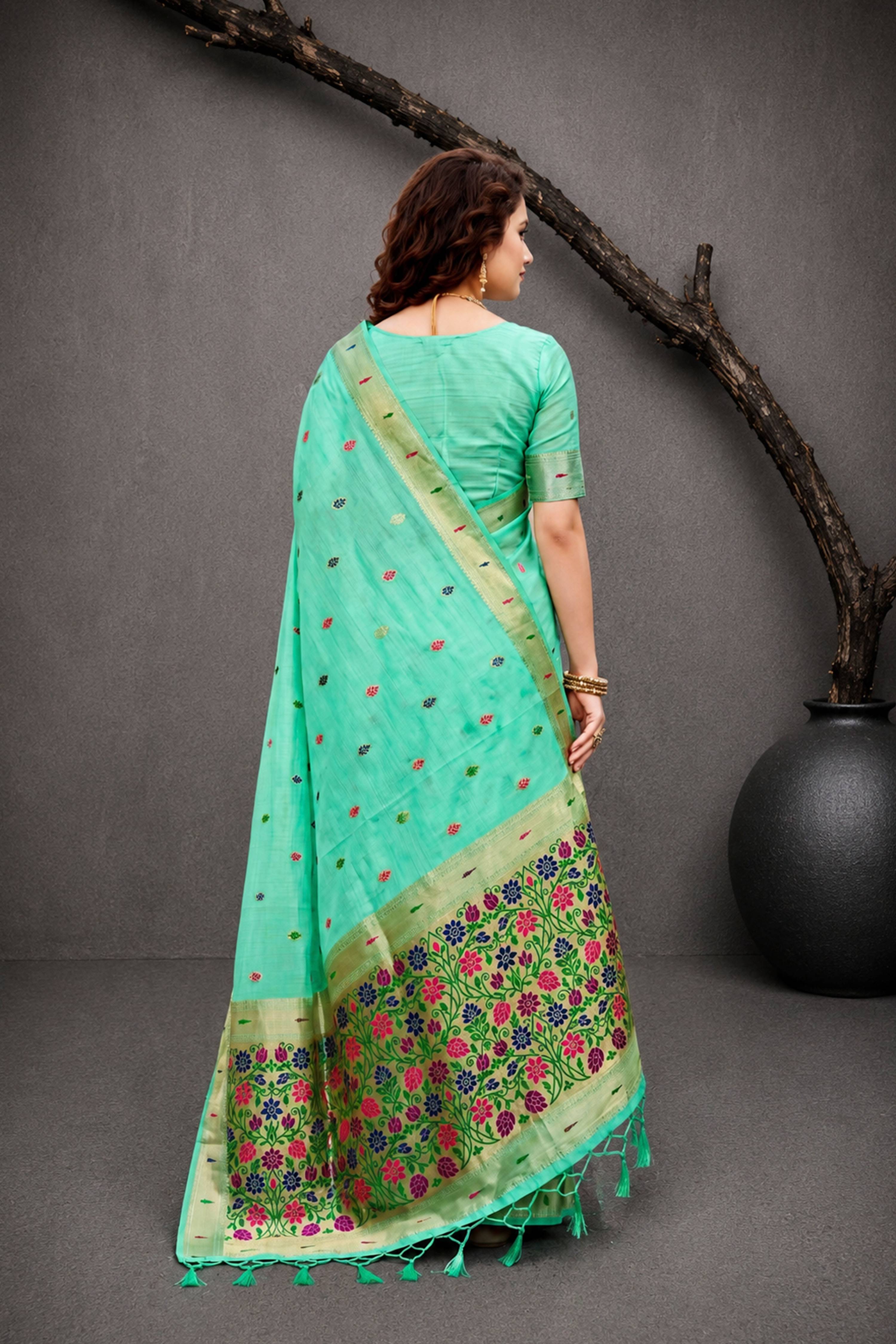 Sangam Prints Aqua Mint Green Cotton Blend Woven Work Traditional Saree - Dista