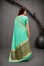 Thumbnail for Sangam Prints Aqua Mint Green Cotton Blend Woven Work Traditional Saree - Dista