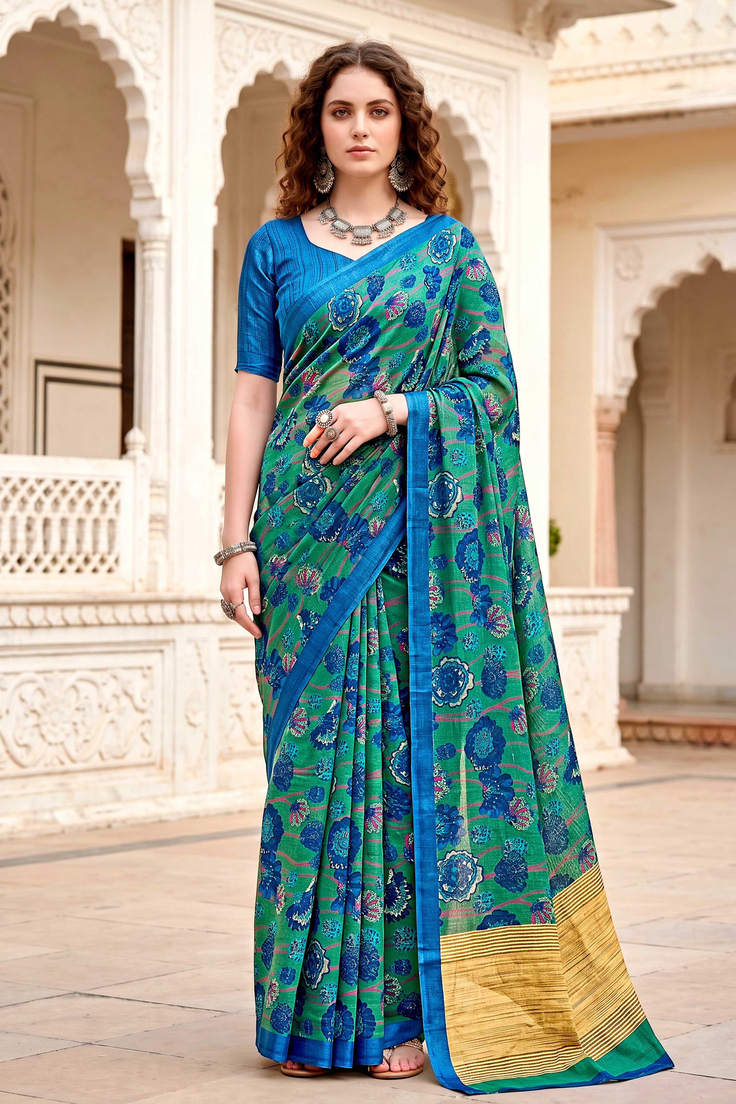 Sangam Prints Peacock Green Cotton Blend Woven Work Traditional Saree - Dista