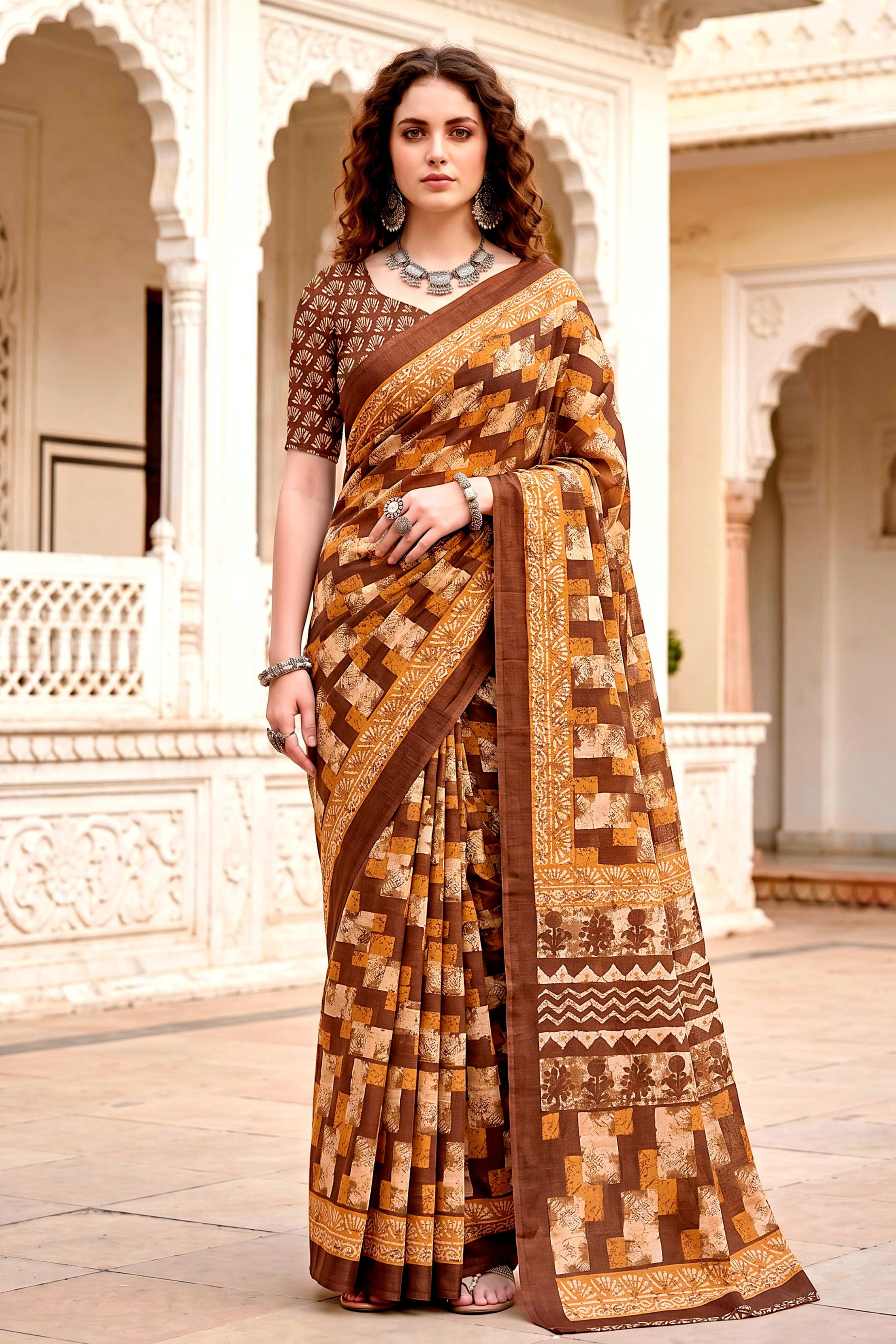 Sangam Prints Coffee Brown Cotton Blend Woven Work Traditional Saree - Dista