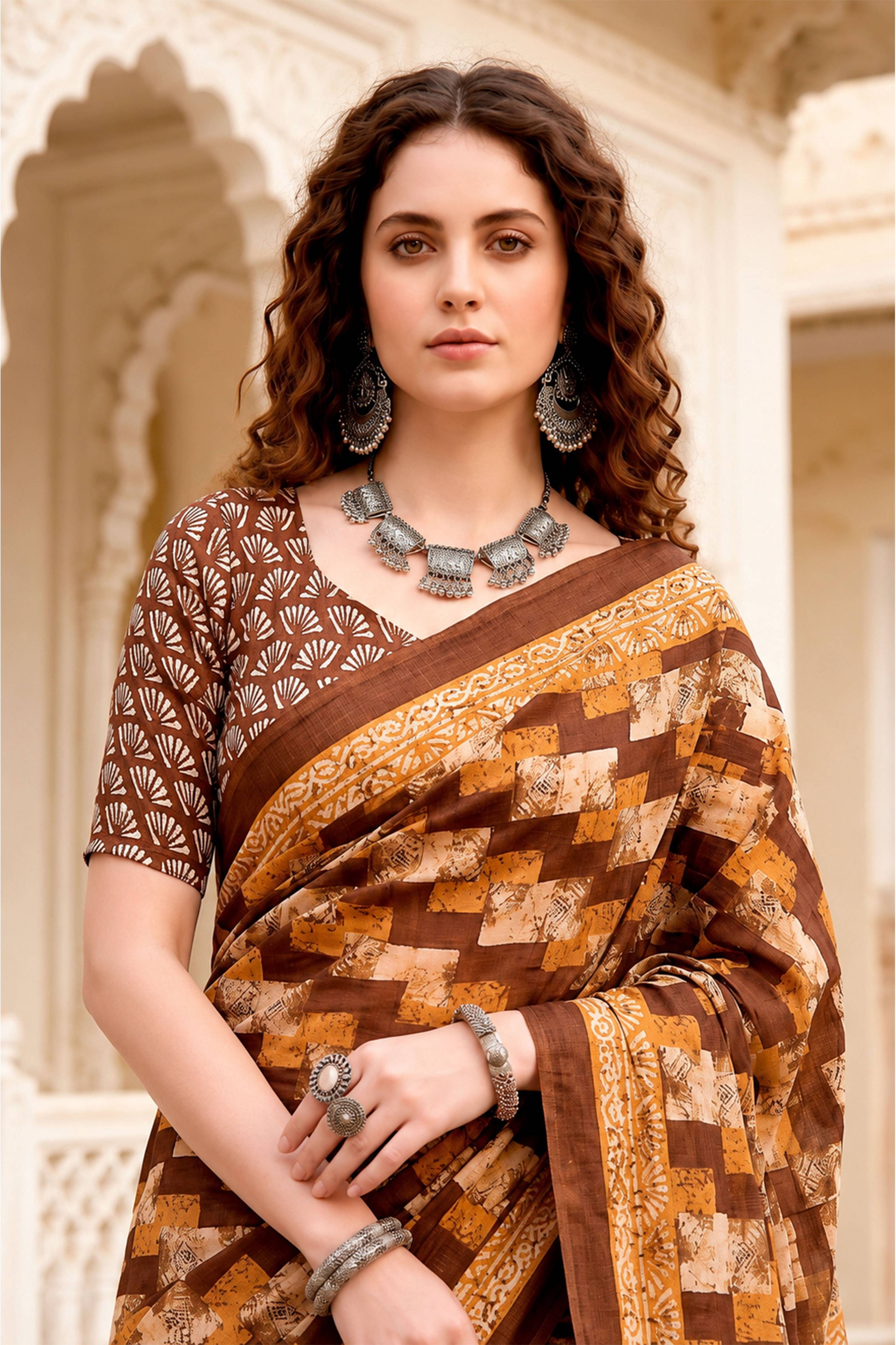 Sangam Prints Coffee Brown Cotton Blend Woven Work Traditional Saree - Dista