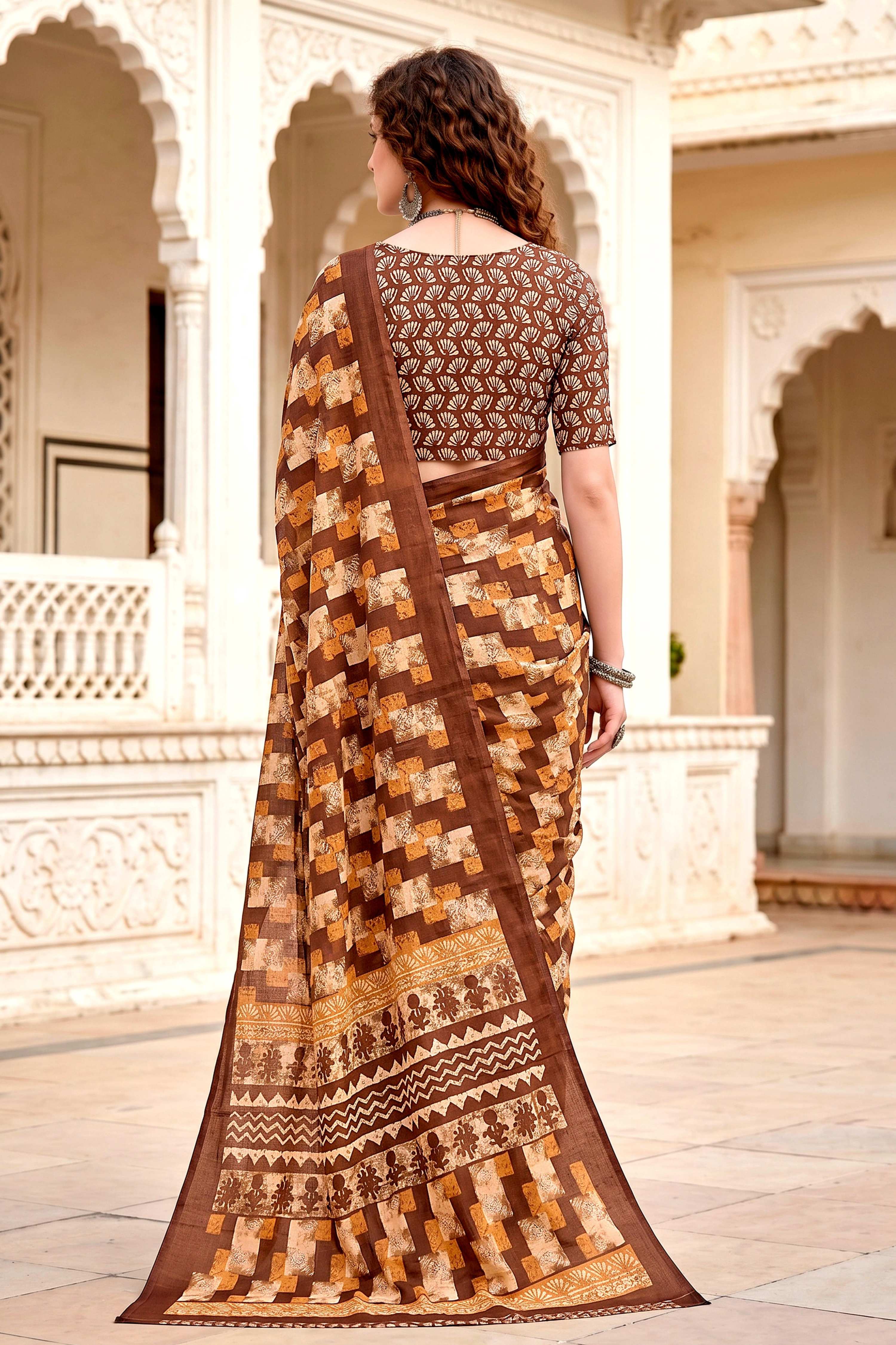 Sangam Prints Coffee Brown Cotton Blend Woven Work Traditional Saree - Dista