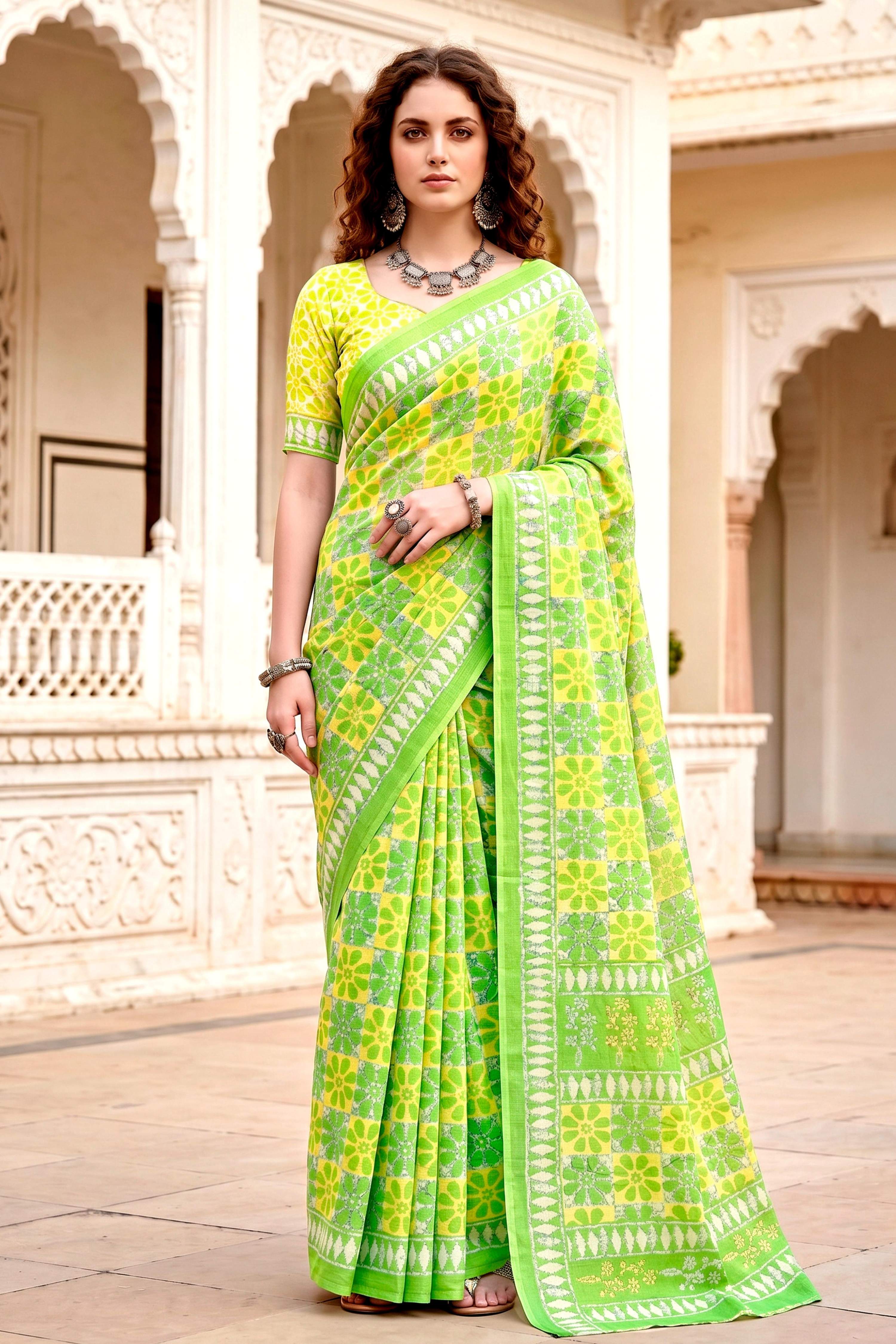 Sangam Prints Parrot Green Cotton Blend Woven Work Traditional Saree - Dista