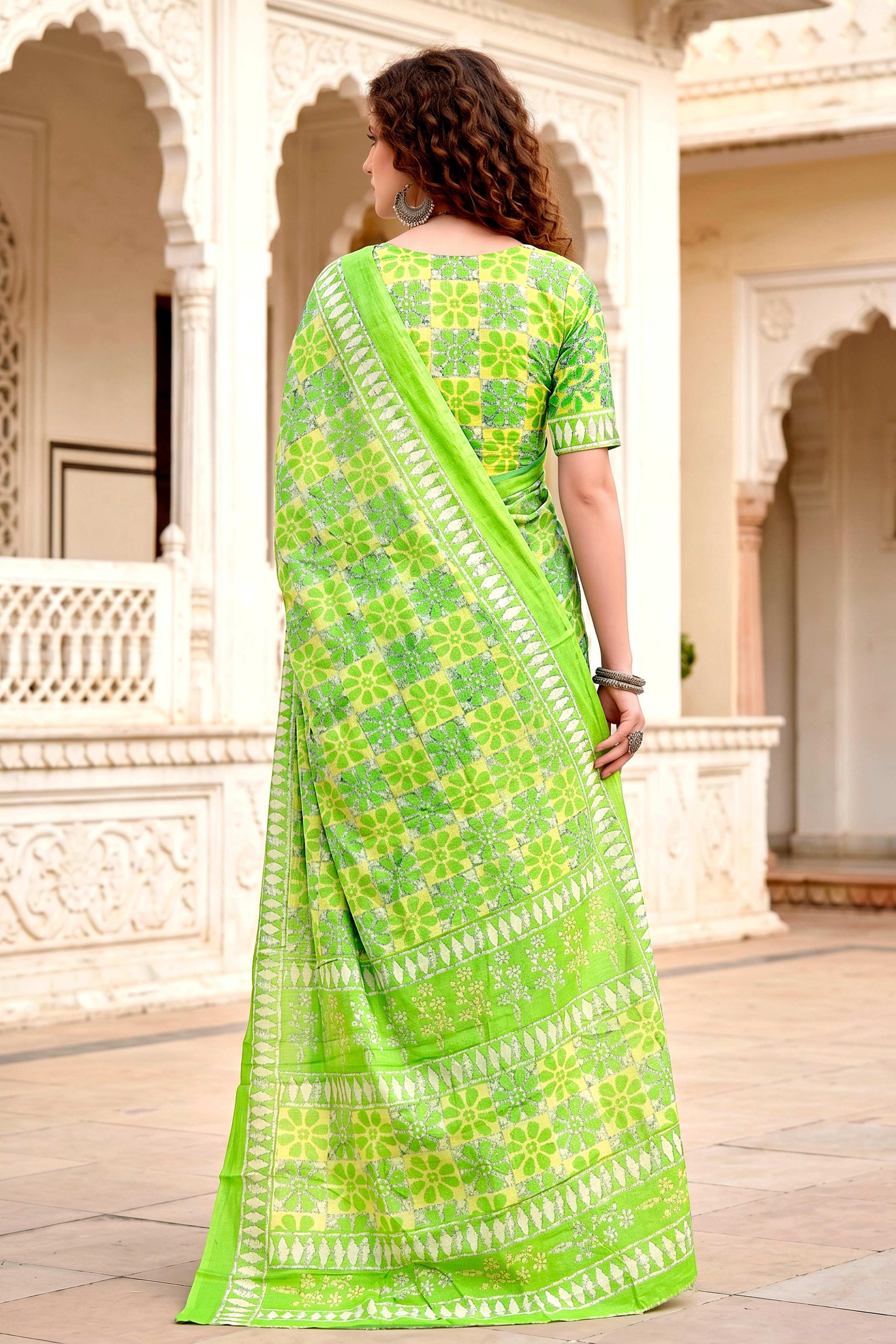 Sangam Prints Parrot Green Cotton Blend Woven Work Traditional Saree - Dista