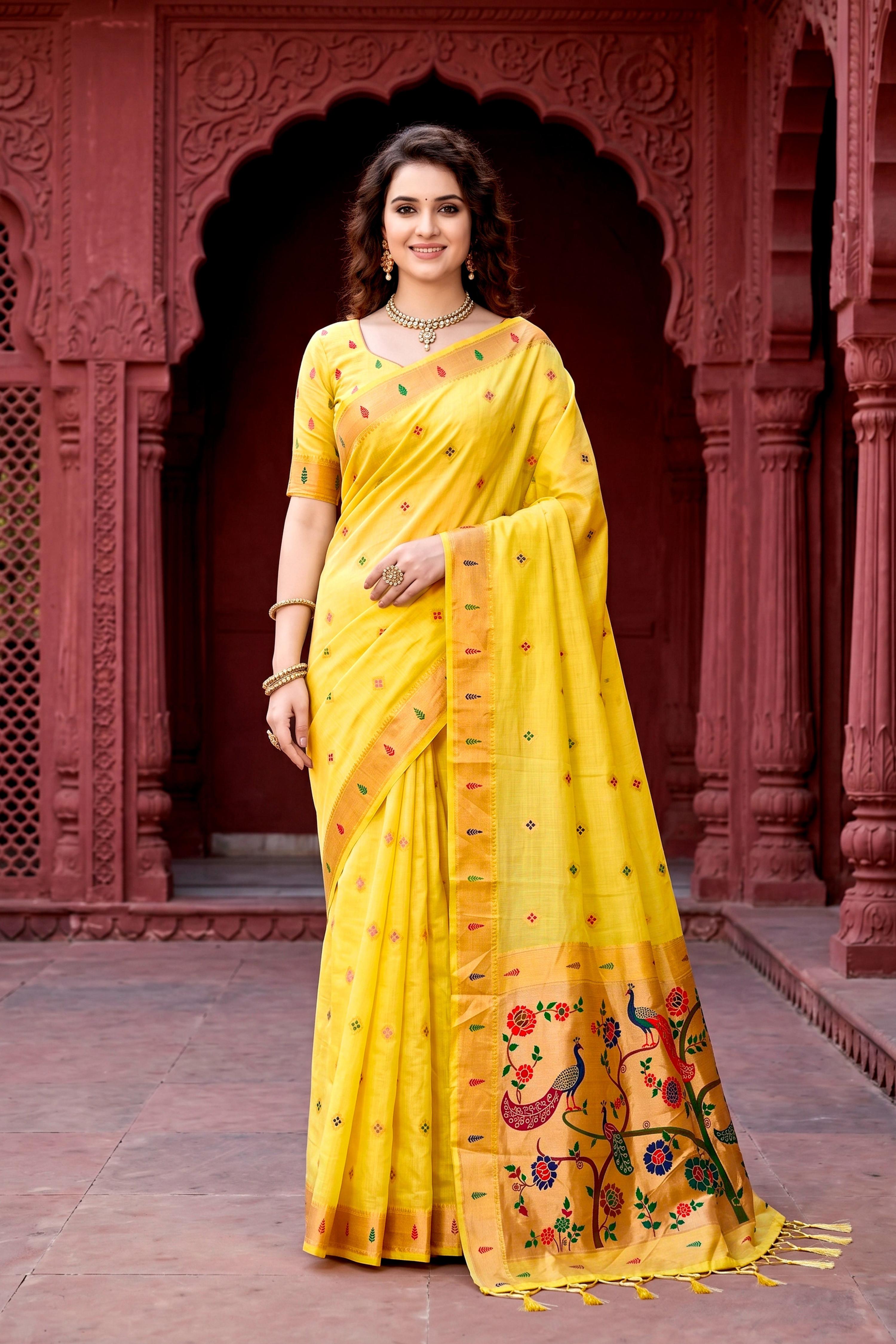 Sangam Prints Yellow Cotton Blend Woven Work Traditional Saree - Dista
