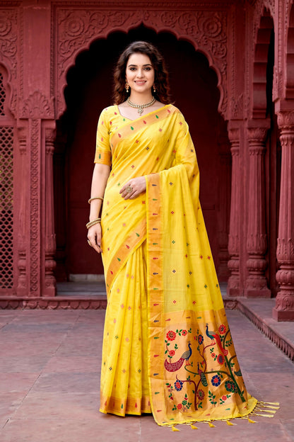 Sangam Prints Yellow Cotton Blend Woven Work Traditional Saree - Dista