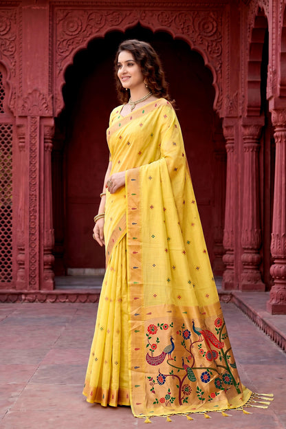 Sangam Prints Yellow Cotton Blend Woven Work Traditional Saree - Dista