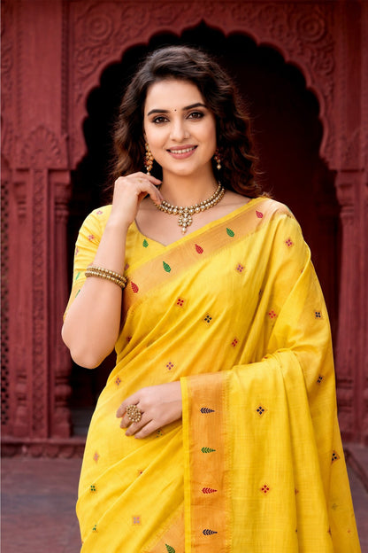 Sangam Prints Yellow Cotton Blend Woven Work Traditional Saree - Dista