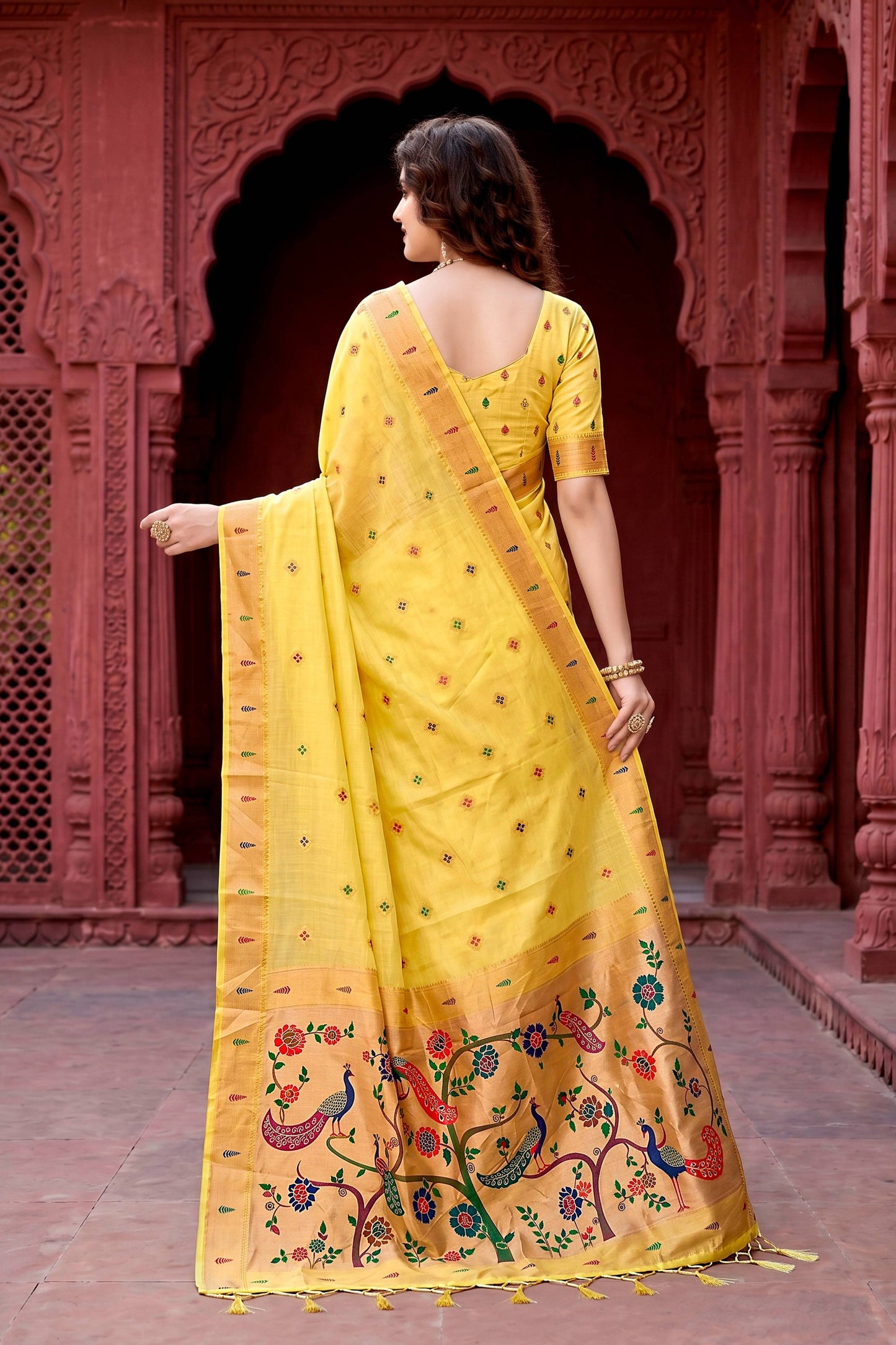 Sangam Prints Yellow Cotton Blend Woven Work Traditional Saree - Dista