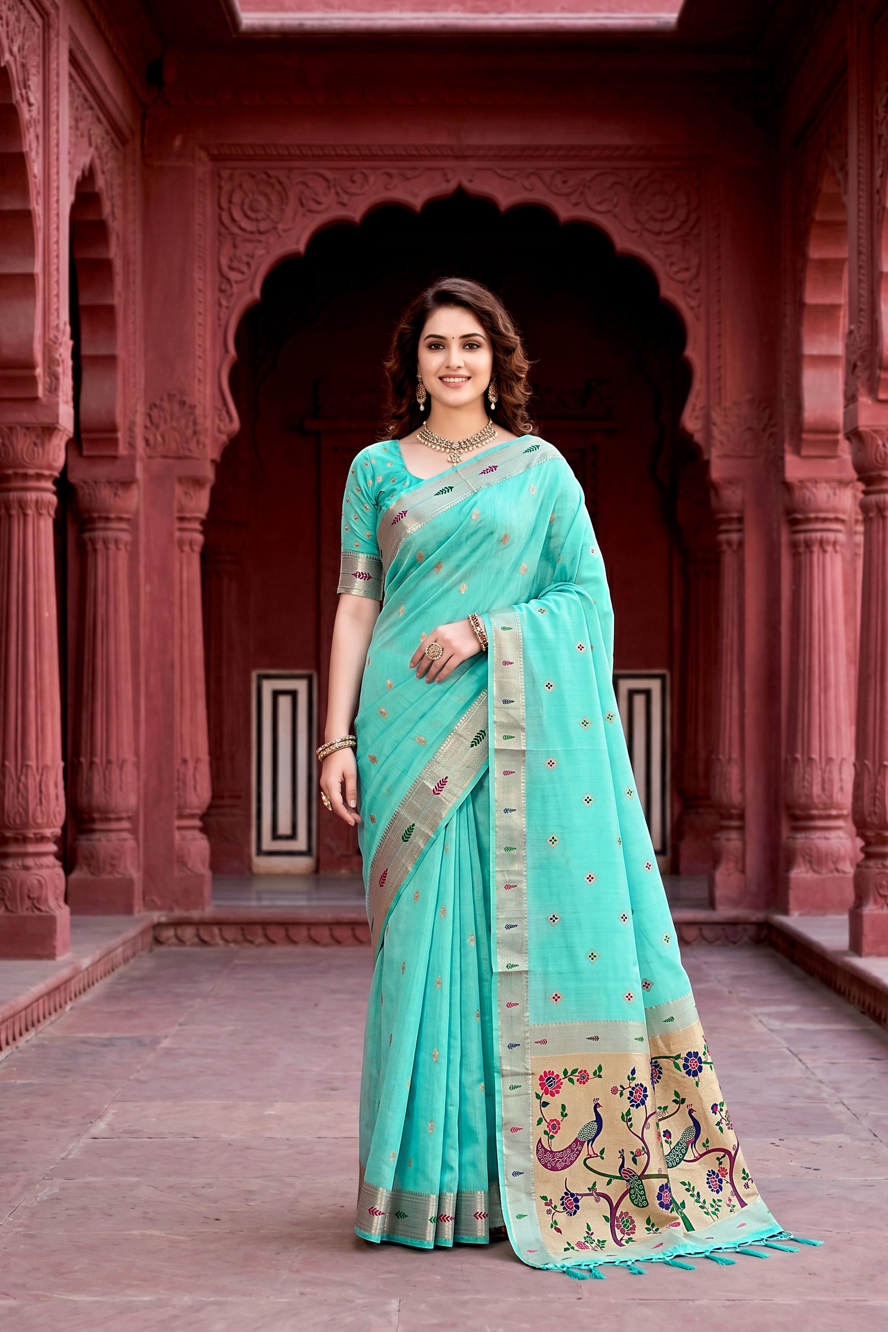Sangam Prints Aqua Green Cotton Blend Woven Work Traditional Saree - Dista