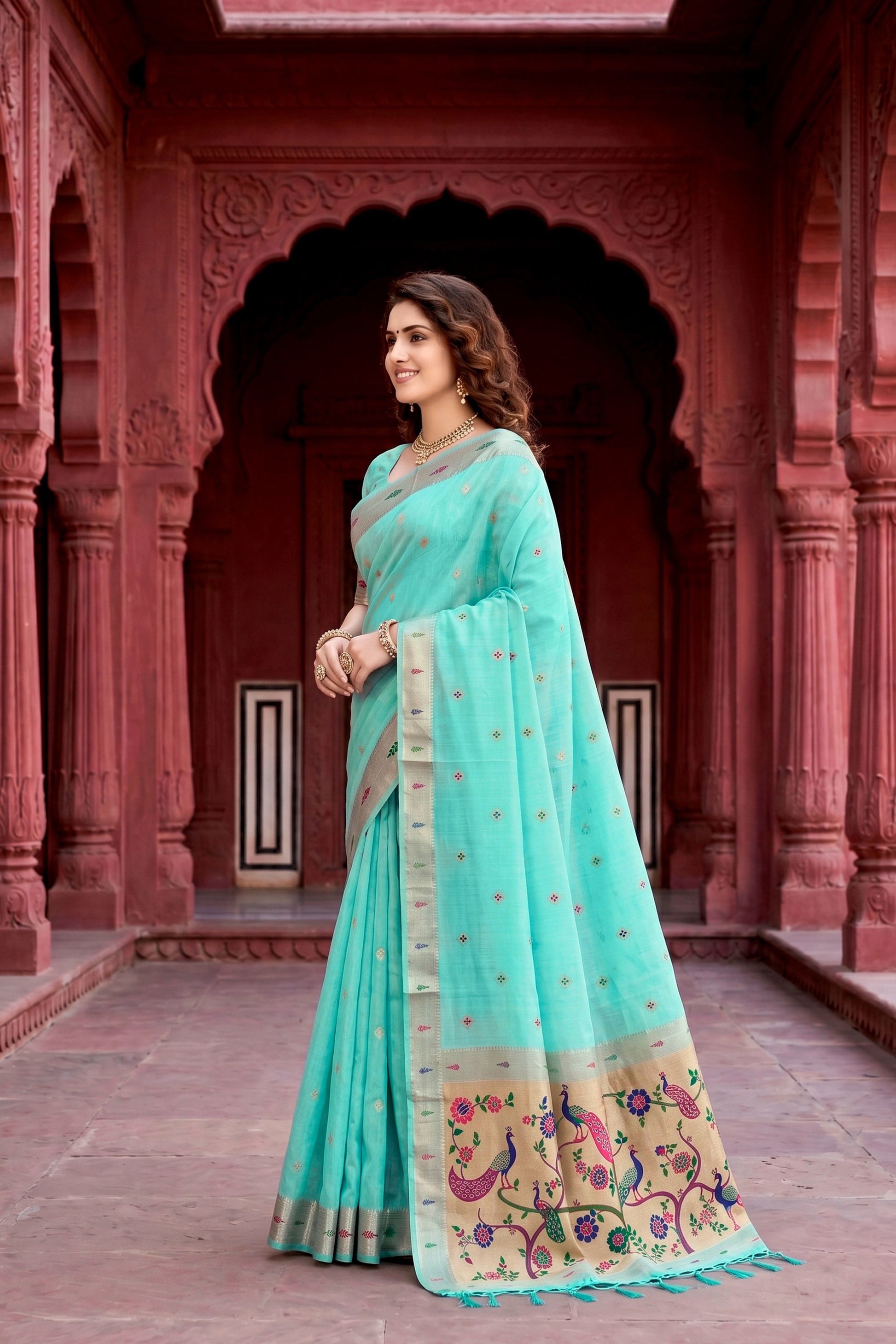 Sangam Prints Aqua Green Cotton Blend Woven Work Traditional Saree - Dista