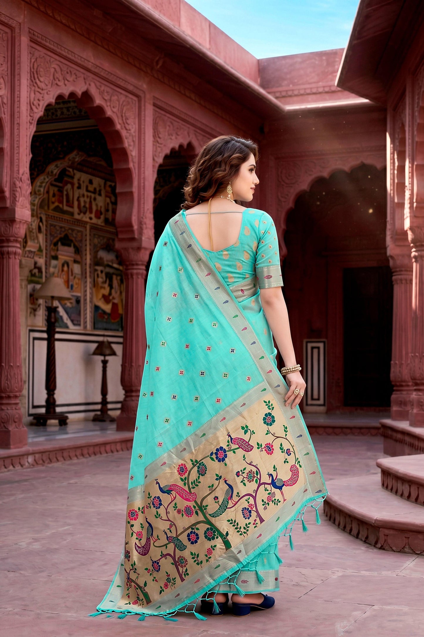 Sangam Prints Aqua Green Cotton Blend Woven Work Traditional Saree - Dista