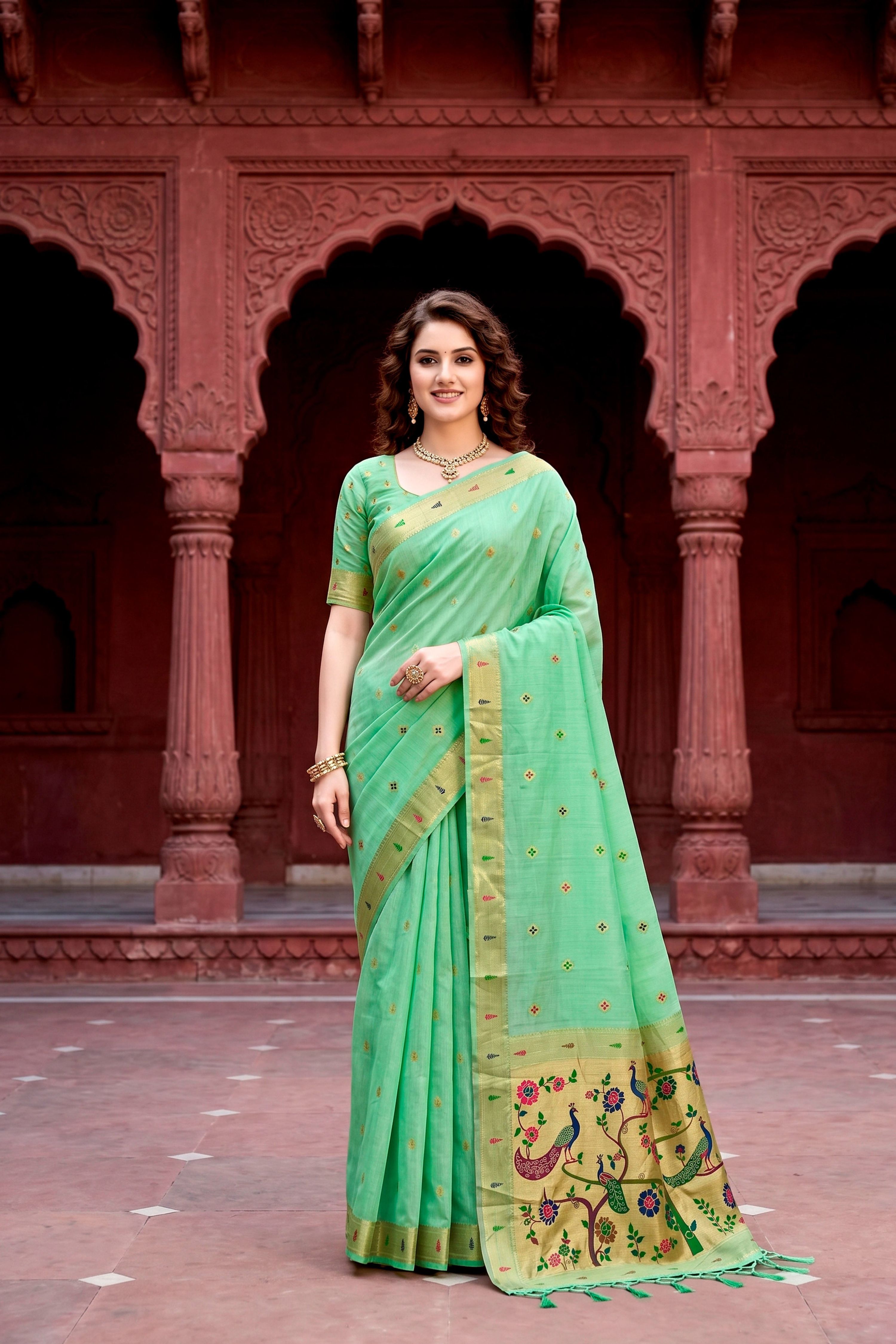 Sangam Prints Mint Green Cotton Blend Woven Work Traditional Saree - Dista