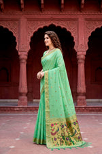Thumbnail for Sangam Prints Mint Green Cotton Blend Woven Work Traditional Saree - Dista