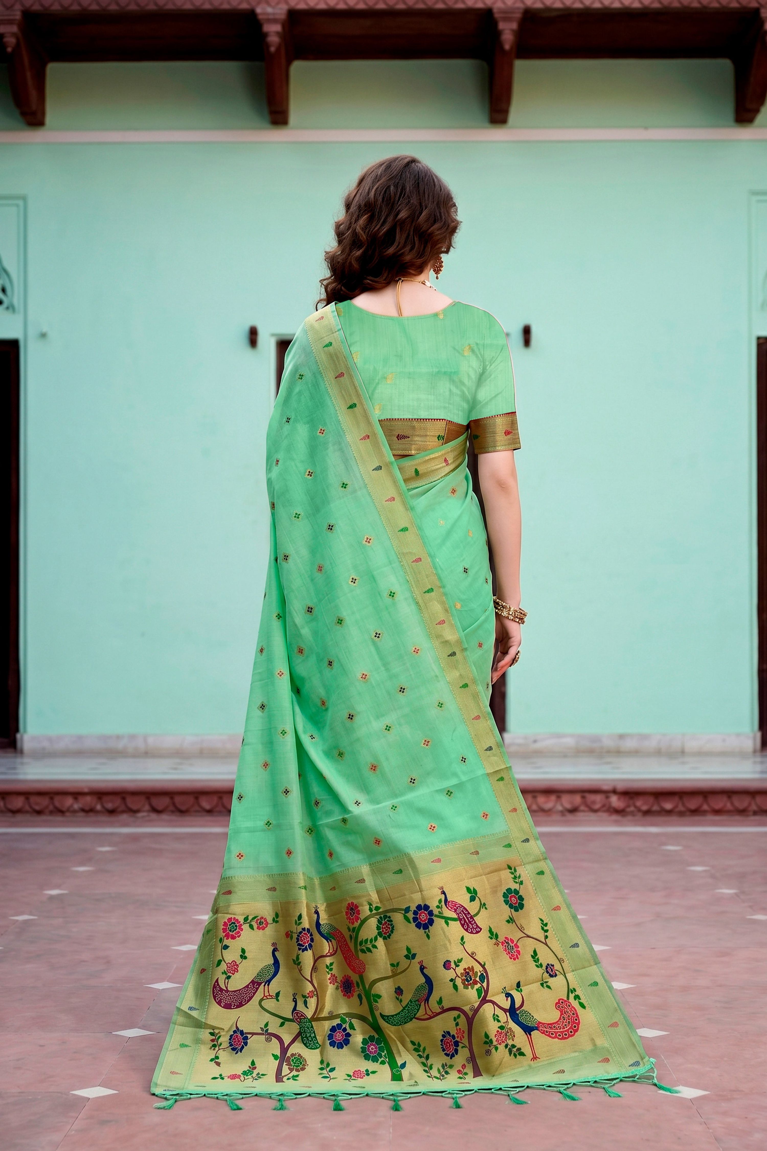 Sangam Prints Mint Green Cotton Blend Woven Work Traditional Saree - Dista