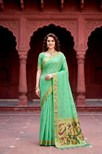Thumbnail for Sangam Prints Mint Green Cotton Blend Woven Work Traditional Saree - Dista