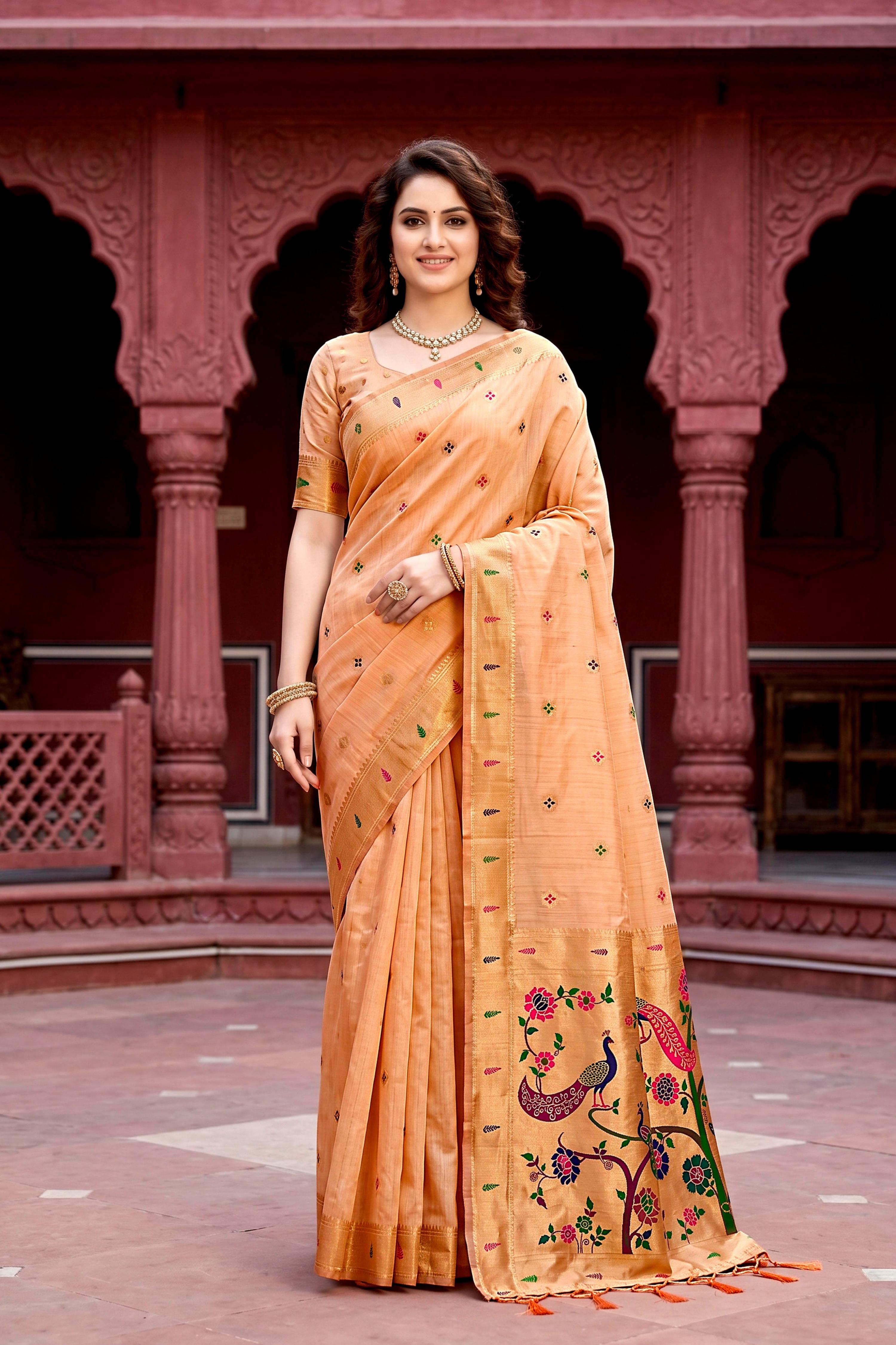 Sangam Prints Peach Cotton Blend Woven Work Traditional Saree - Dista