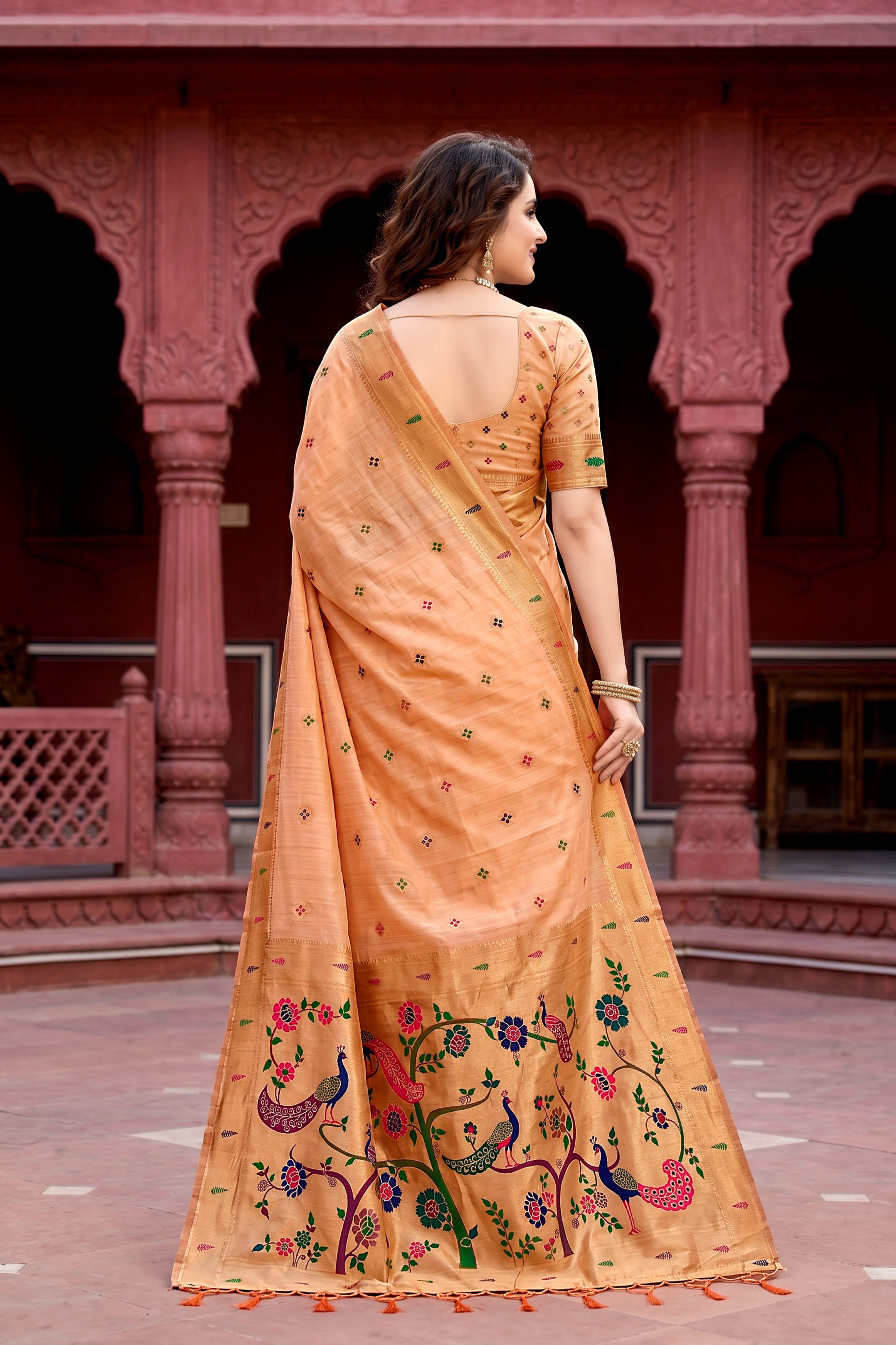 Sangam Prints Peach Cotton Blend Woven Work Traditional Saree - Dista