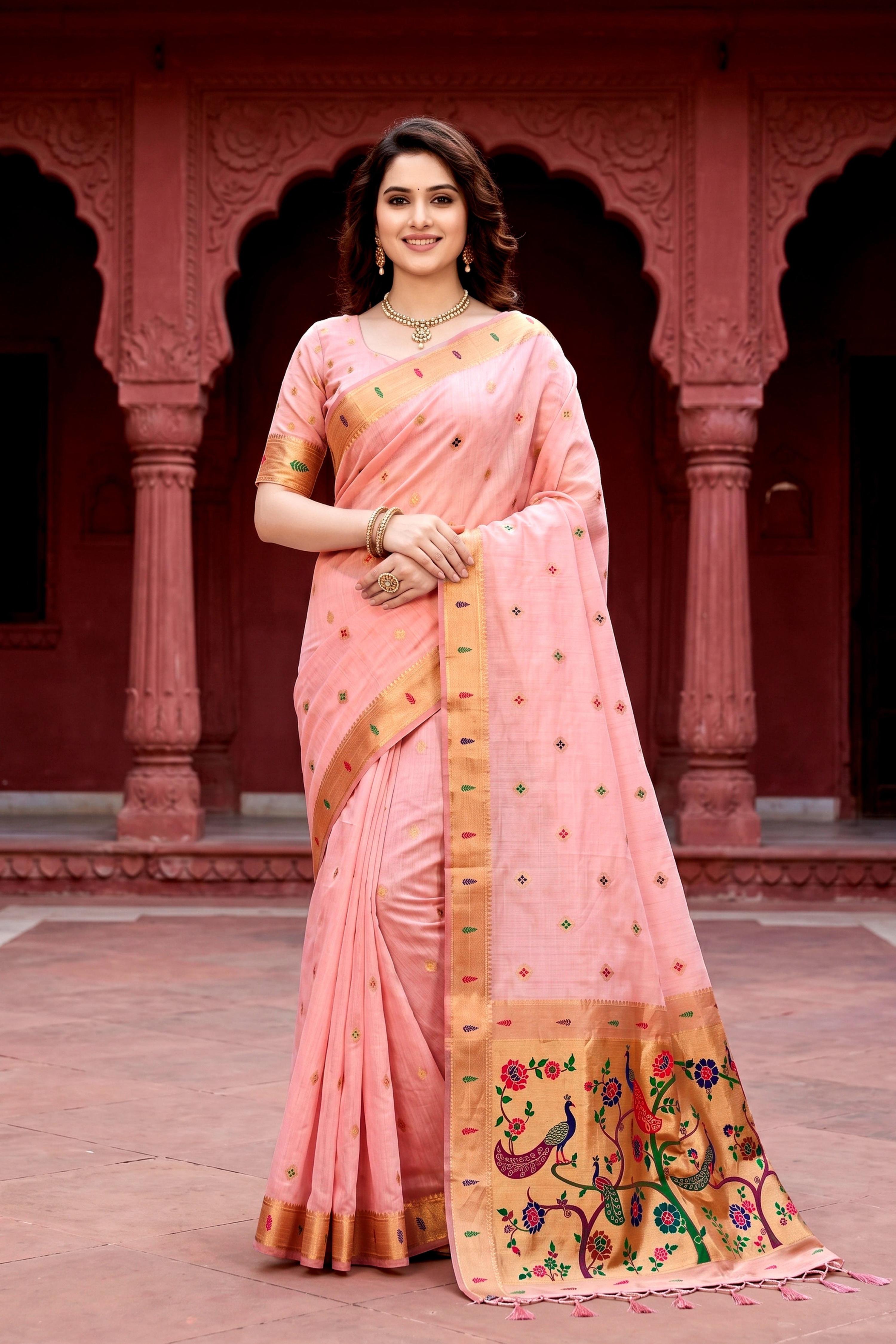 Sangam Prints Baby Pink Cotton Blend Woven Work Traditional Saree - Dista
