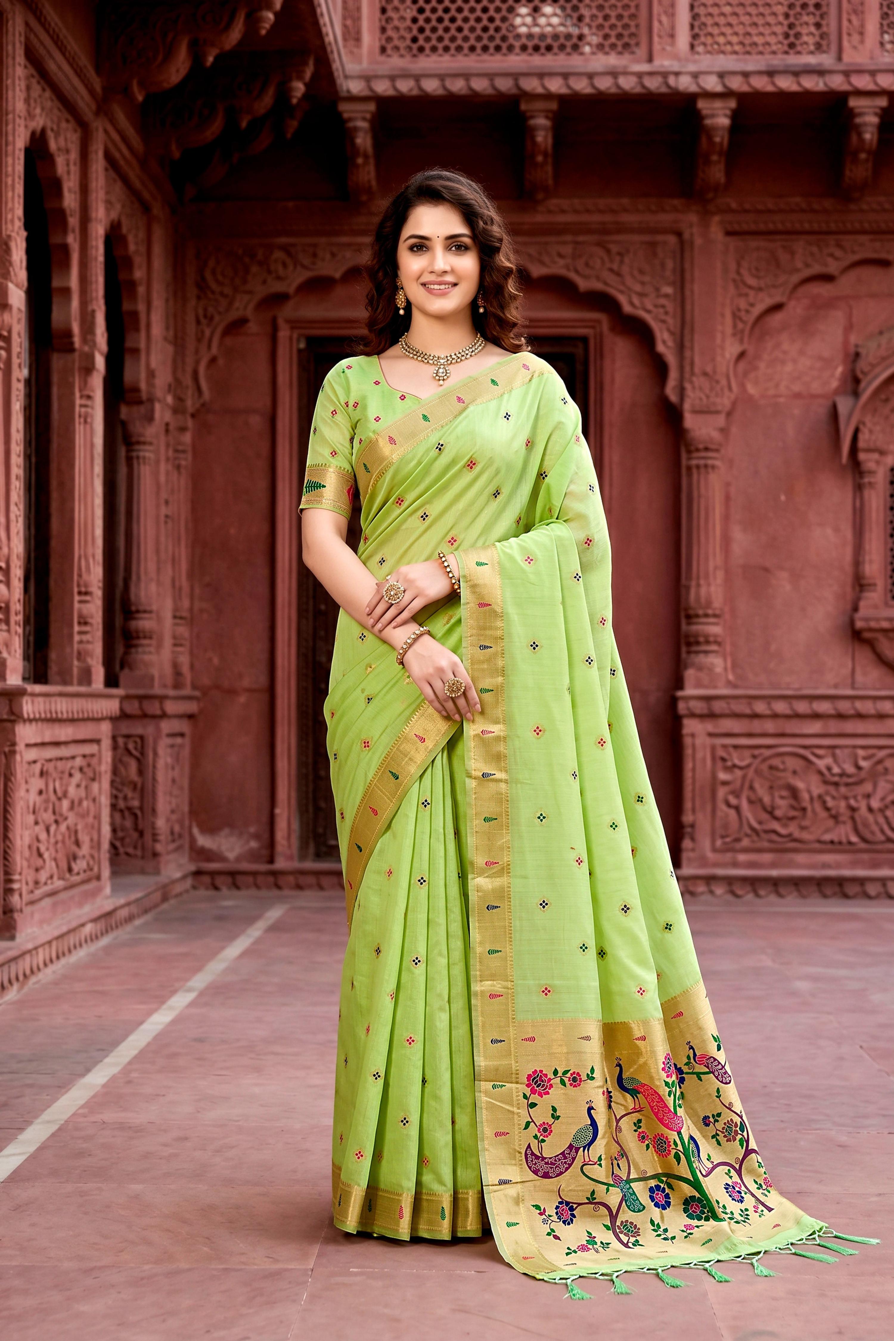 Sangam Prints Parrot Green Cotton Blend Woven Work Traditional Saree - Dista
