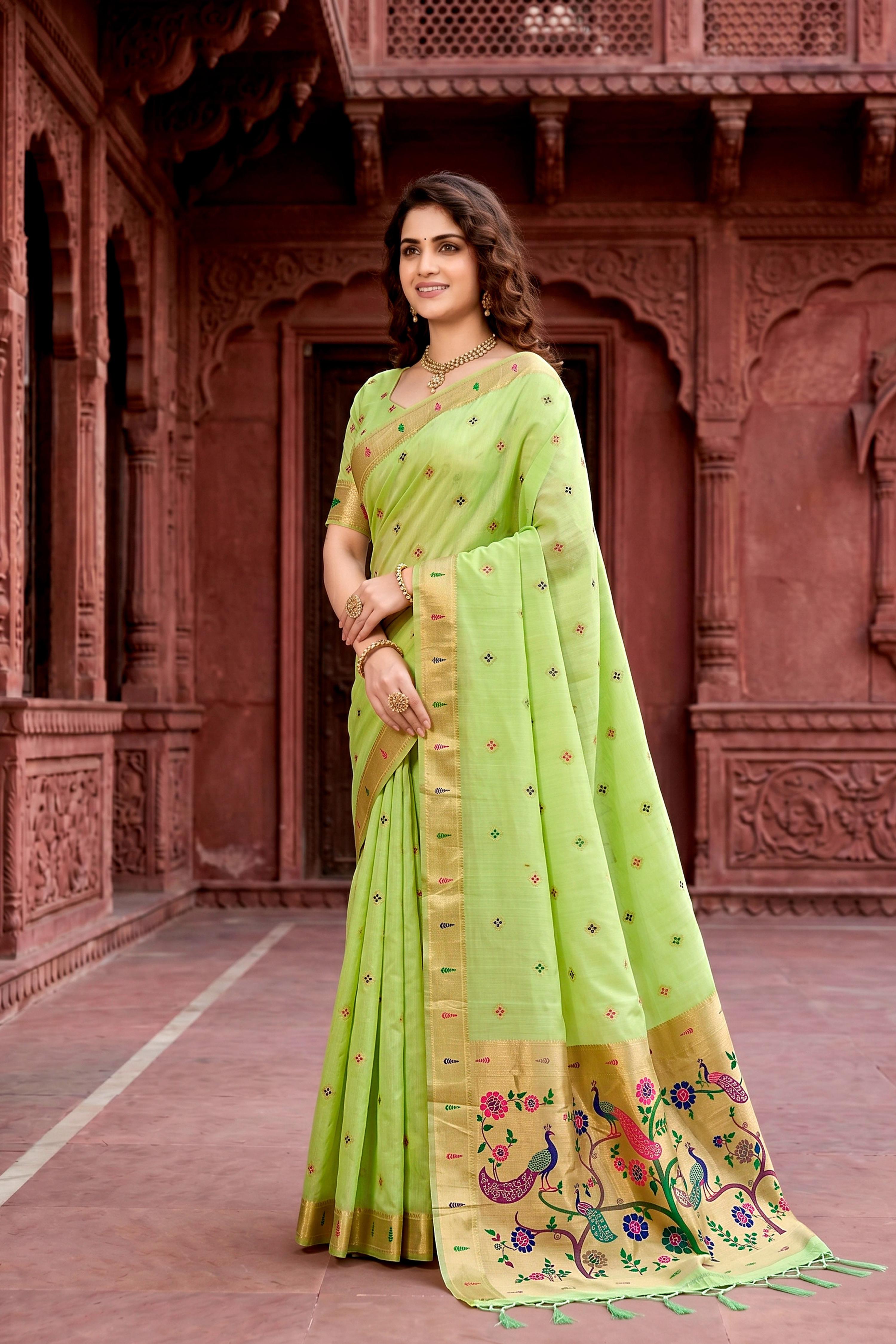 Sangam Prints Parrot Green Cotton Blend Woven Work Traditional Saree - Dista