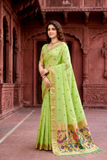 Thumbnail for Sangam Prints Parrot Green Cotton Blend Woven Work Traditional Saree - Dista